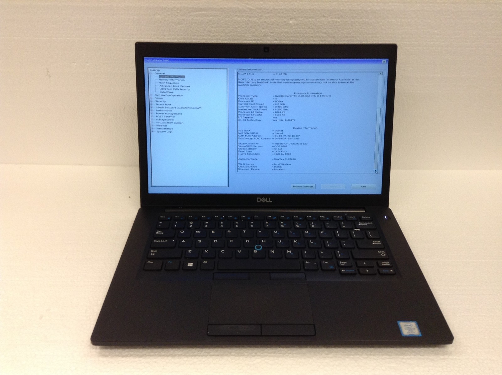 Dell Latitude 7490 Laptop i7-8650U 1.90GHz 14″ FHD Webcam WiFi No RAM No AS / IS