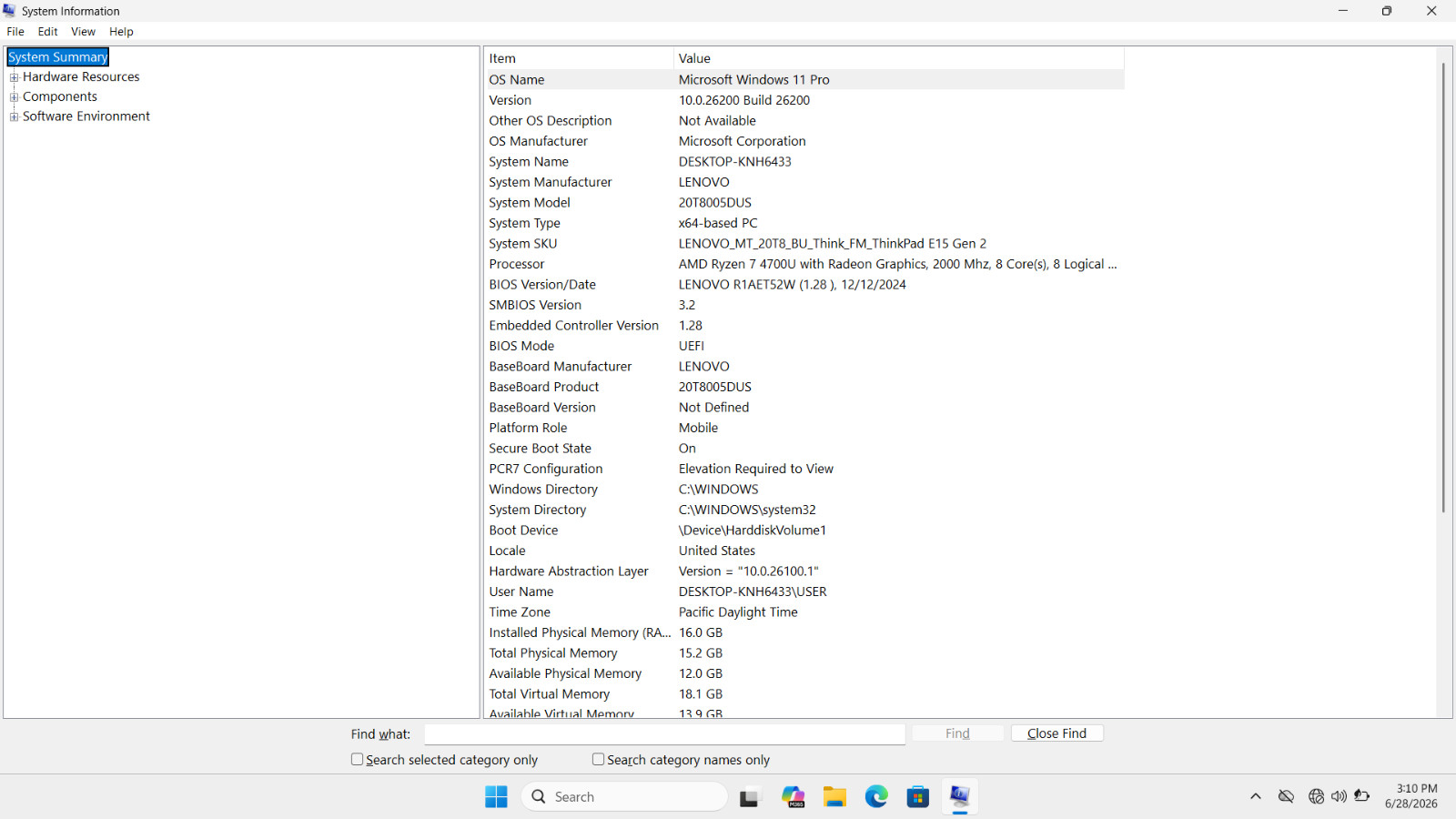Lenovo ThinkPad E15 Gen 2, AMD Ryzen 7 4700U, 256GB NVME, 16GB RAM, Win 11 Pro