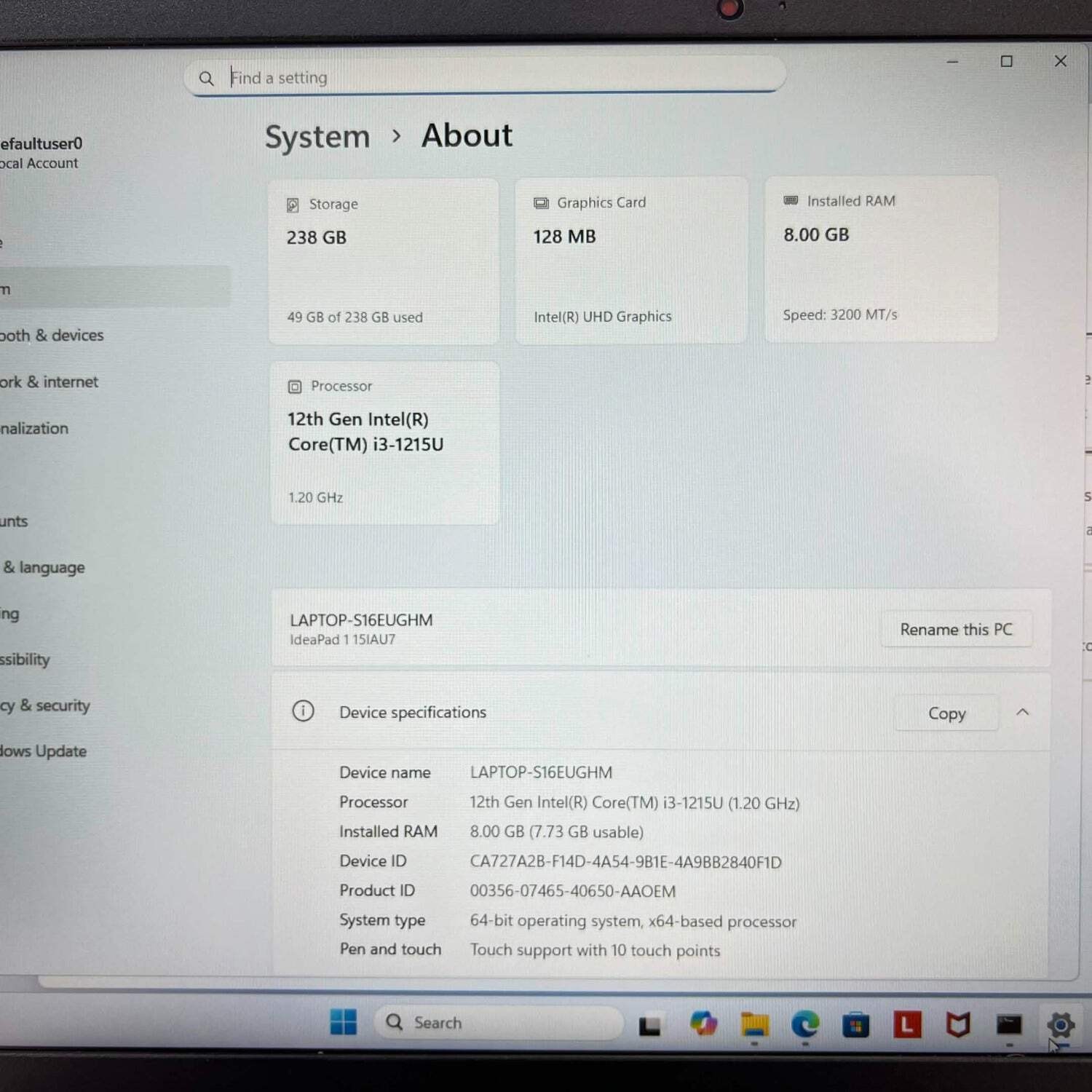 Lenovo ideapad 1i 15IAU7 15.6″ i3-1215U 1.2GHz 8GB RAM 256GB SSD