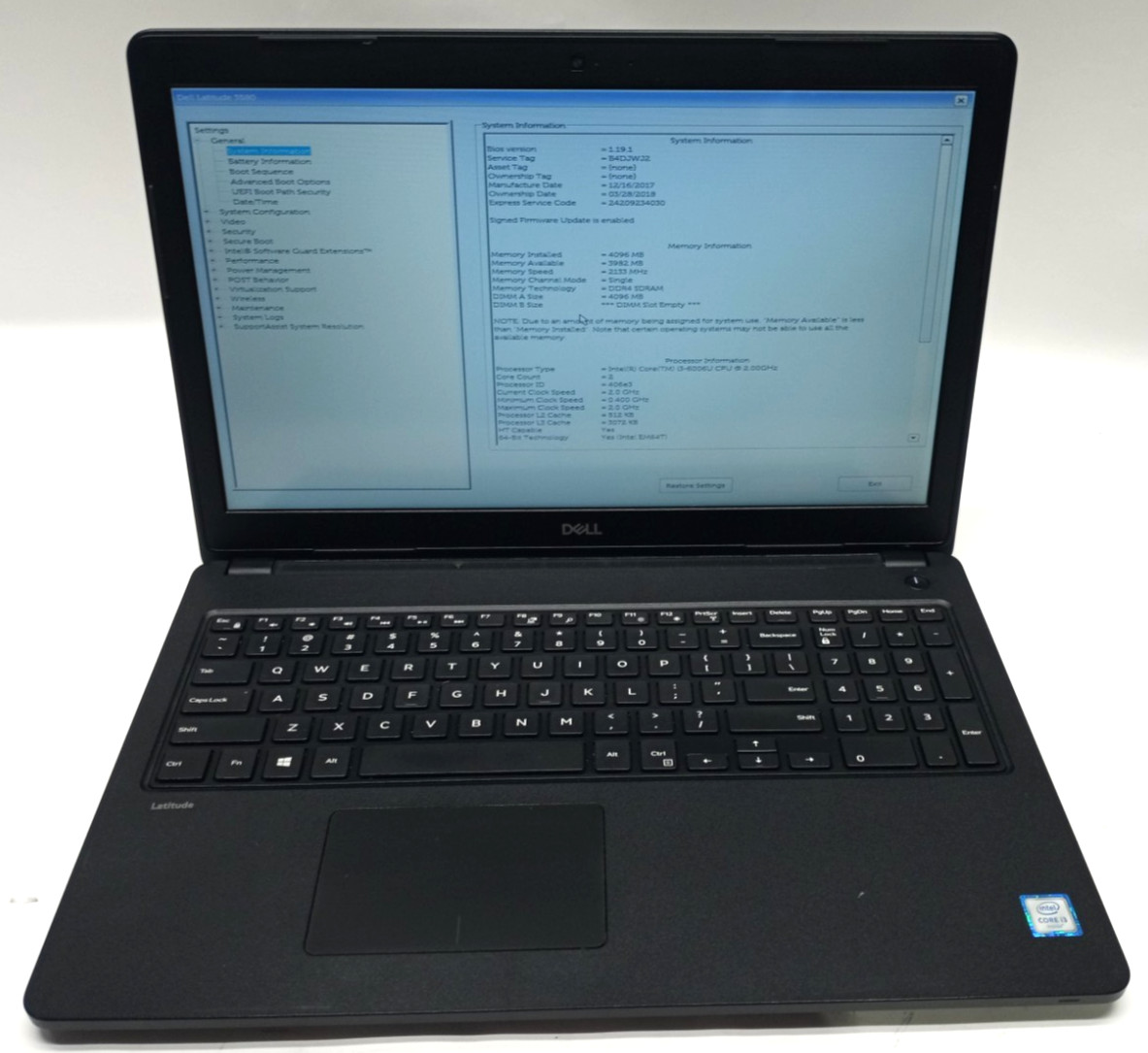 Dell Latitude 3580 15.6″HD i3-6006u@2.00GHz 4GB DDR4 RAM No HDD No OS MC666!