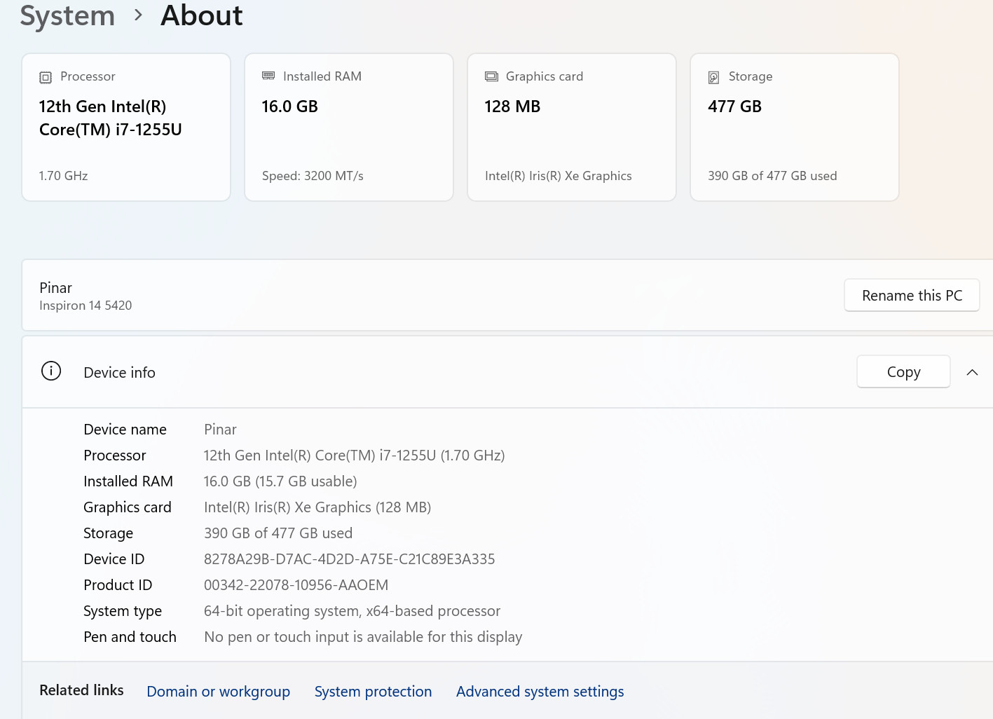 Dell Inspiron 14 5420 Laptop i7‑1255U 16GB RAM 512GB SSD FHD Turkish Q Keyboard