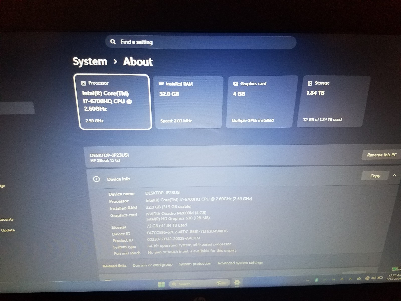 HP ZBook 15 G3/i7-32 RAM-2TB STORAGE-NVIDIA M2000M *BIOS LOCKED*
