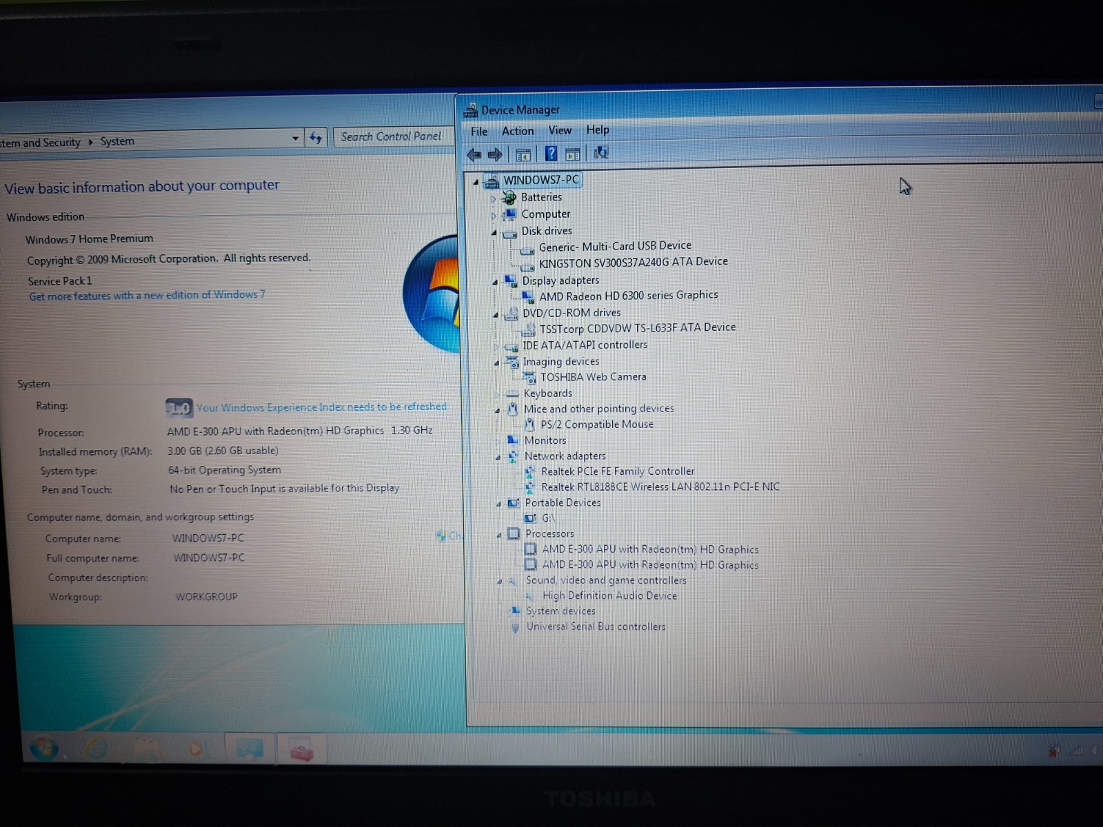 Toshiba Satellite C660D-1CV PSC1YE Laptop 15.6″ 3GB 240GB Windows Vista/7 Dual