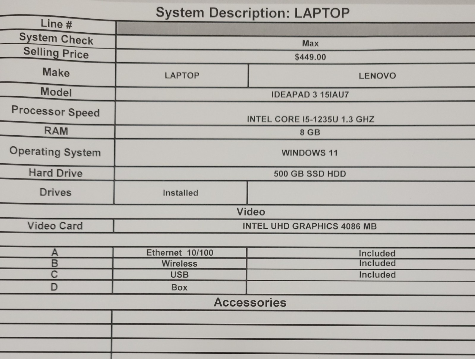 (9895457) Lenovo Ideapad 3 15IAU7 Laptop
