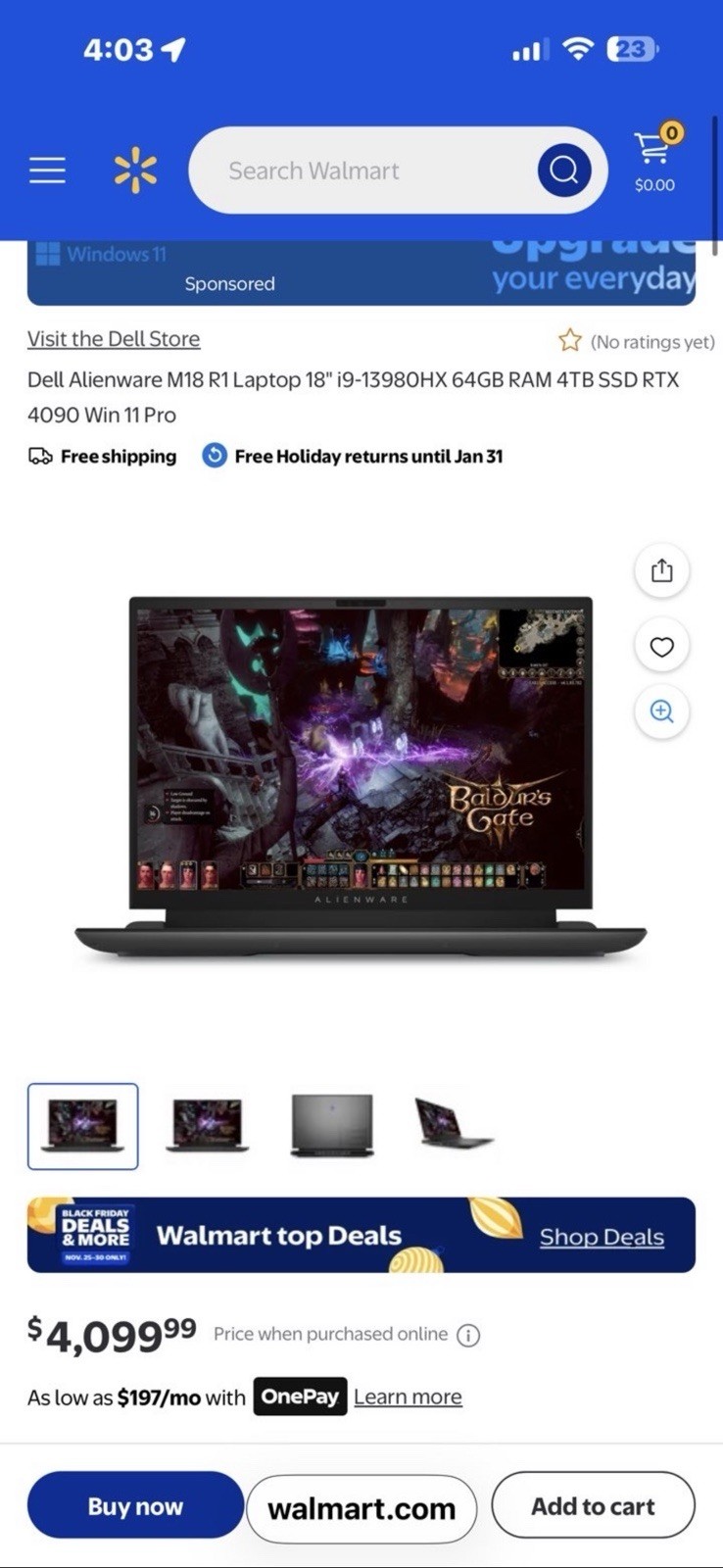 Alienware M18 R1 Gaming Laptop i9-13980HX RTX 4090 64GB 4TB SSD 18″ Win11 Pro