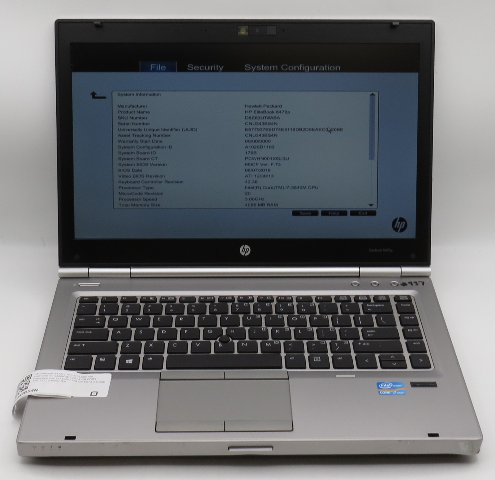 HP Elitebook 8470p i7-3540M @ 3GHz 4GB DDR3 256GB SSD 14″ No OS