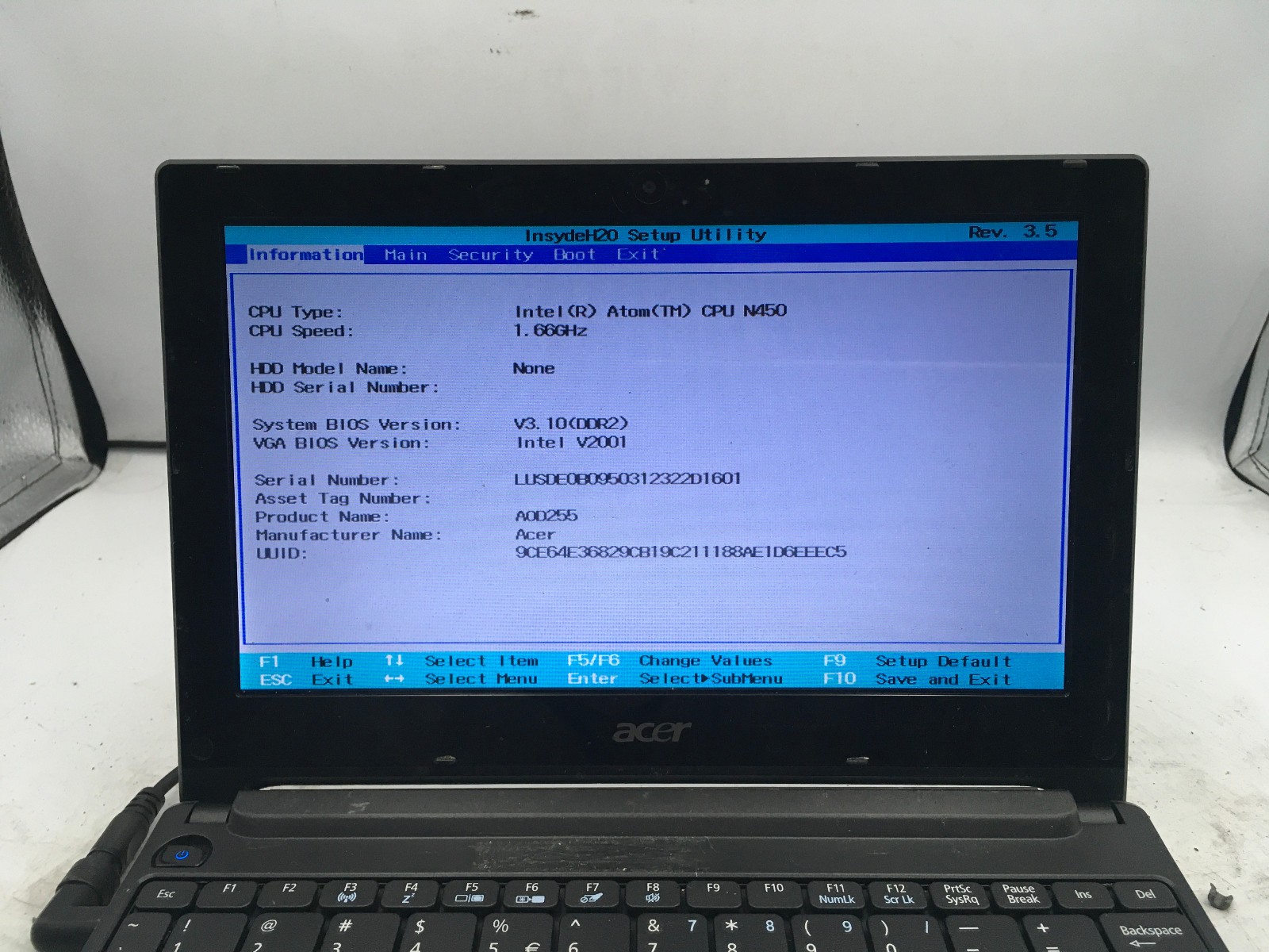 ACER ASPIRE ONE PAV70 – BOOTS TO BIOS – INTEL ATOM N450 – 1GB RAM -READ DESC- BB