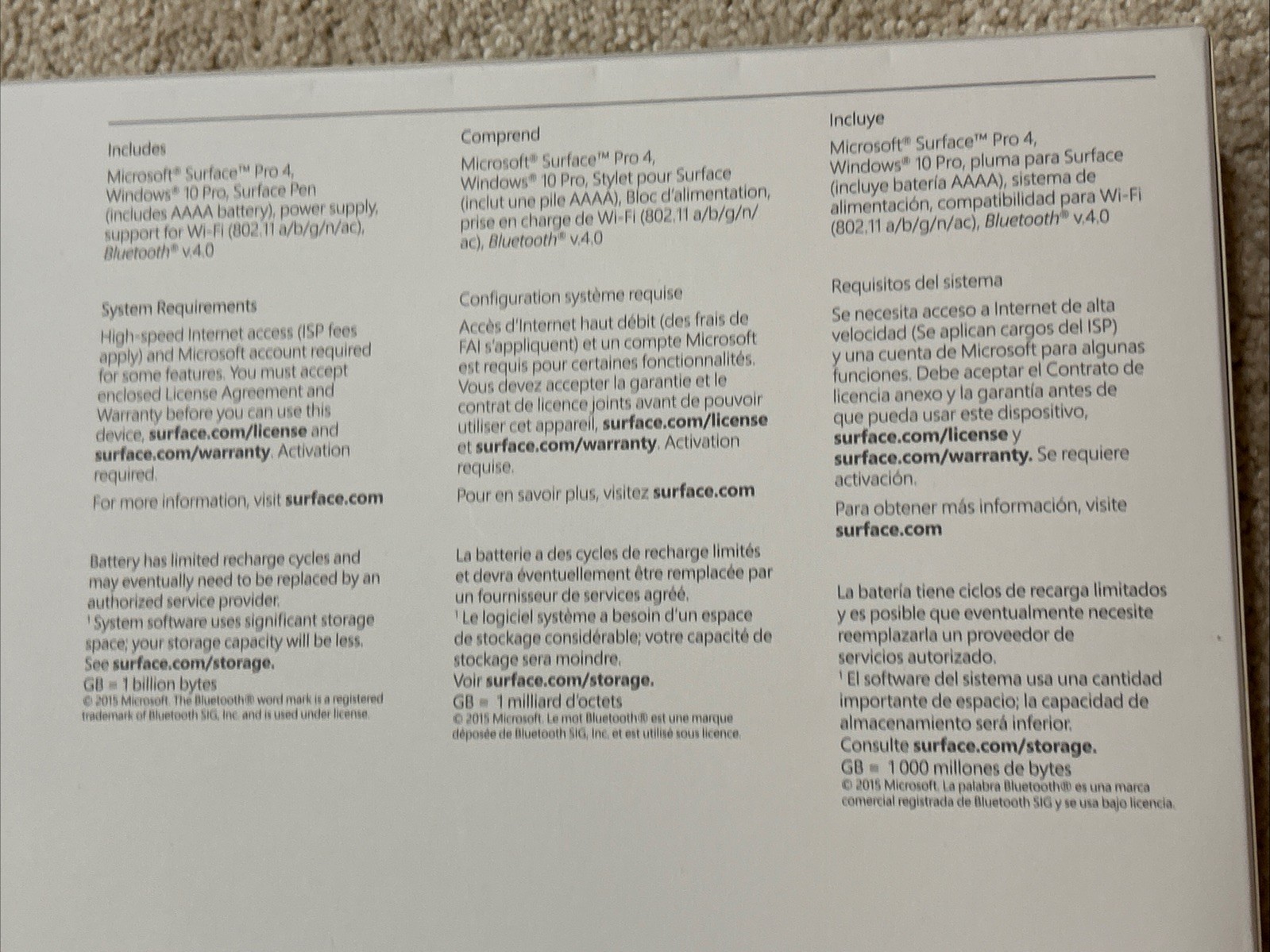 Microsoft Surface Pro 4 Box EMPTY BOX with Inserts Only