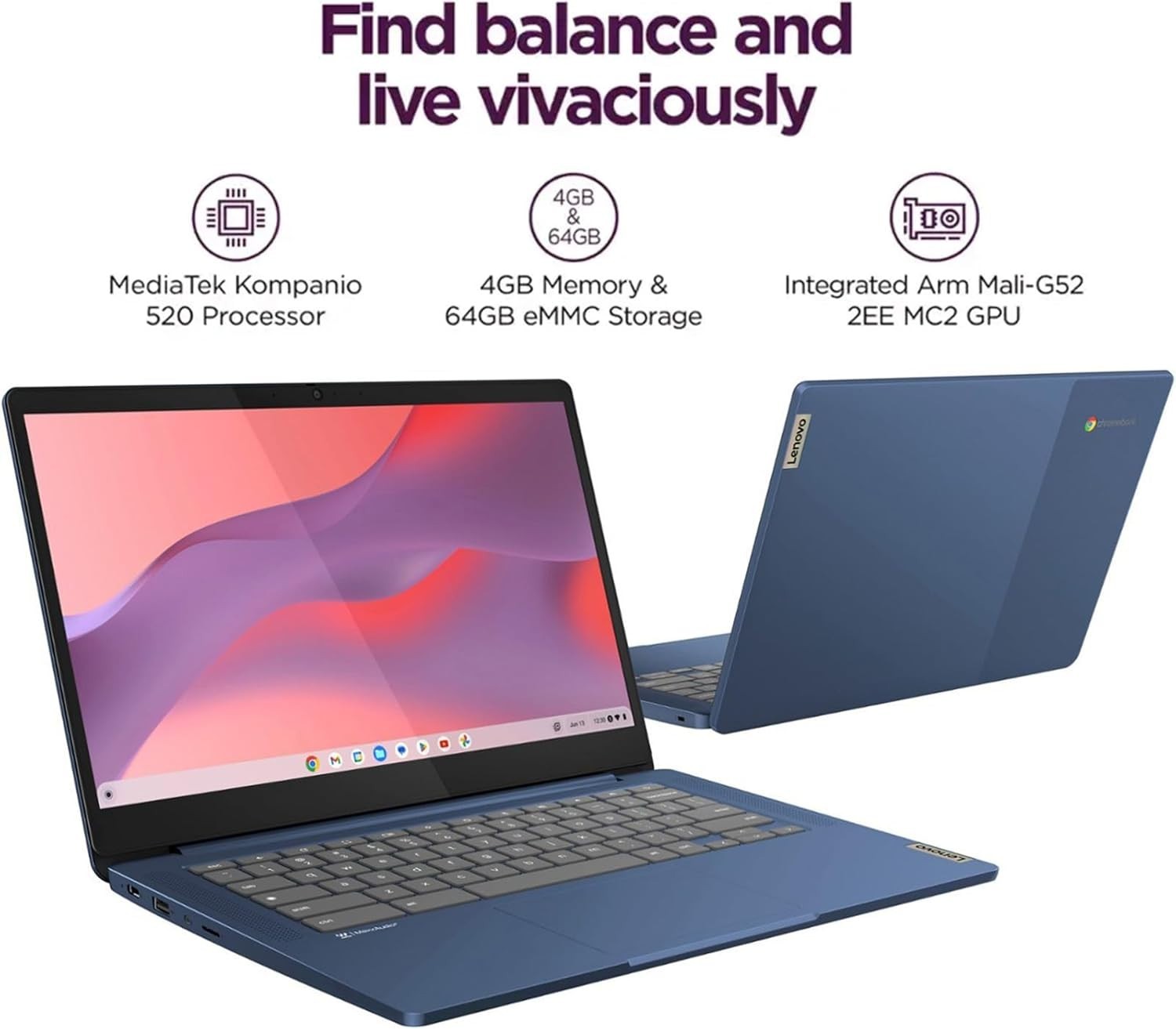 Lenovo IdeaPad Slim 3 Chromebook,14″ FHD Business Laptop, 4GB RAM, 64GB eMMC
