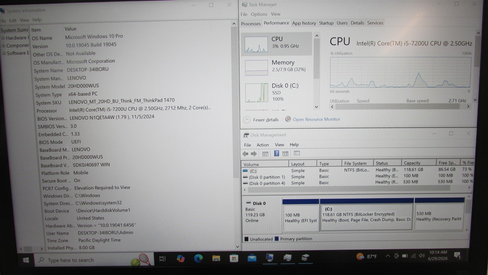 Lenovo Thinkpad T470 i5-7200U 2.5GHz 8GB RAM 128GB m.2 14″ Win 10 Pro MISS KEY