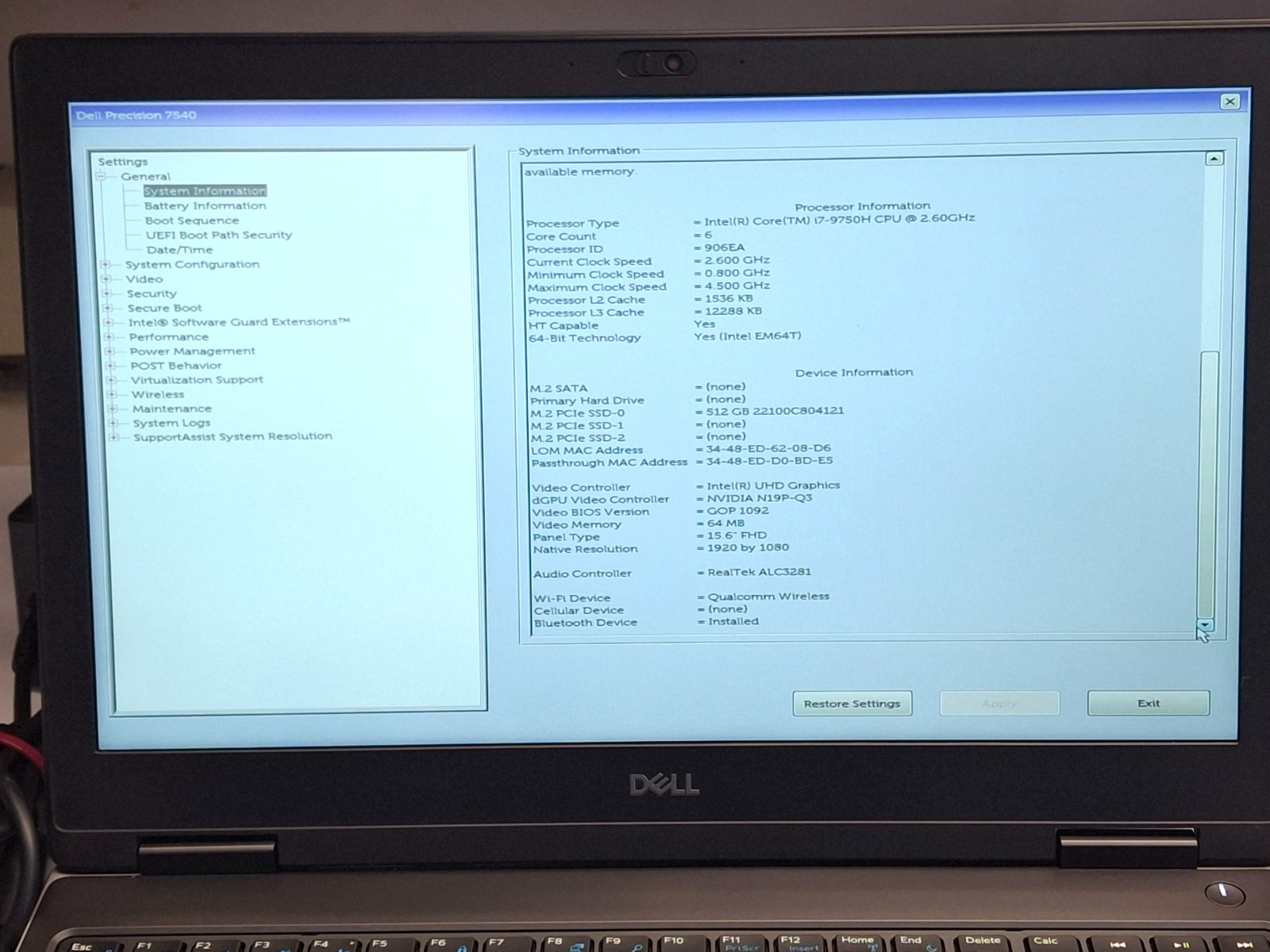 Dell Precision 7540 15.6″ Laptop Core i7-9750H 32GB RAM 512GB SSD Webcam T2000