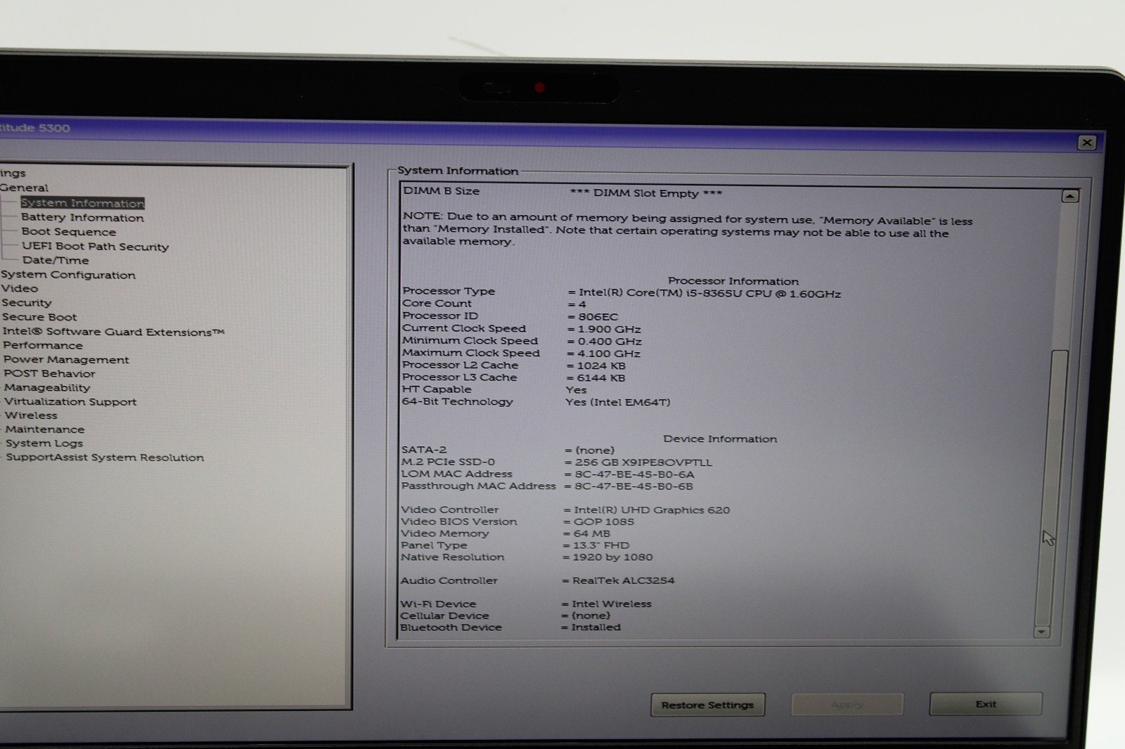 Dell Latitude 5300 i5-8365U @ 1.6 GHz 8GB RAM 256GB SSD No OS