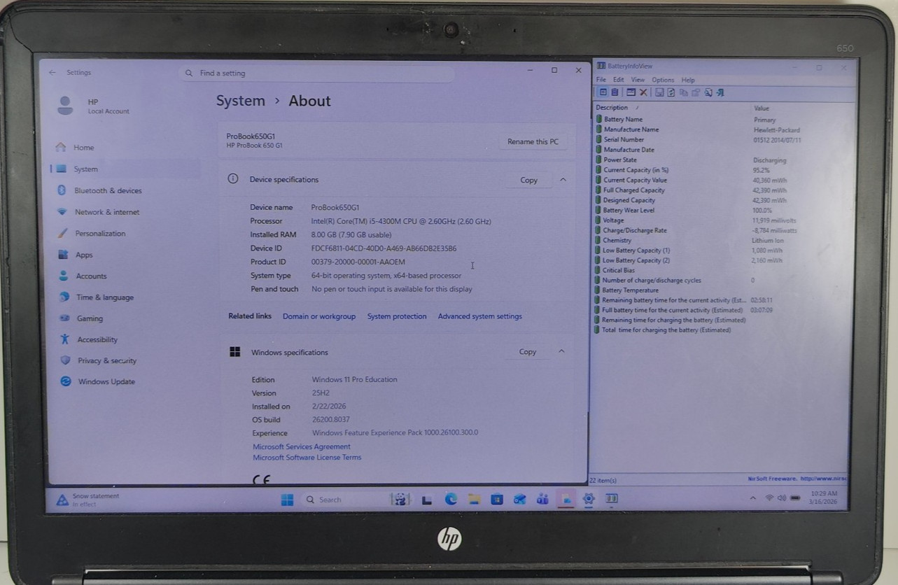 HP ProBook 650G1 Core i5 4300M 8GB RAM 256GB SSD 15.6″ Win11 1080P