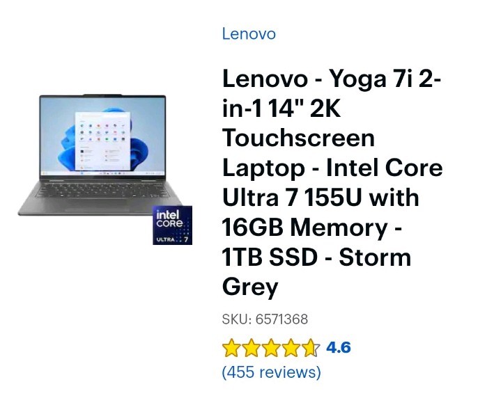 Lenovo Yoga 7i 14″ 2K Touchscreen 2-in-1 Laptop Intel Core Ultra 7 16GB 1TB SSD