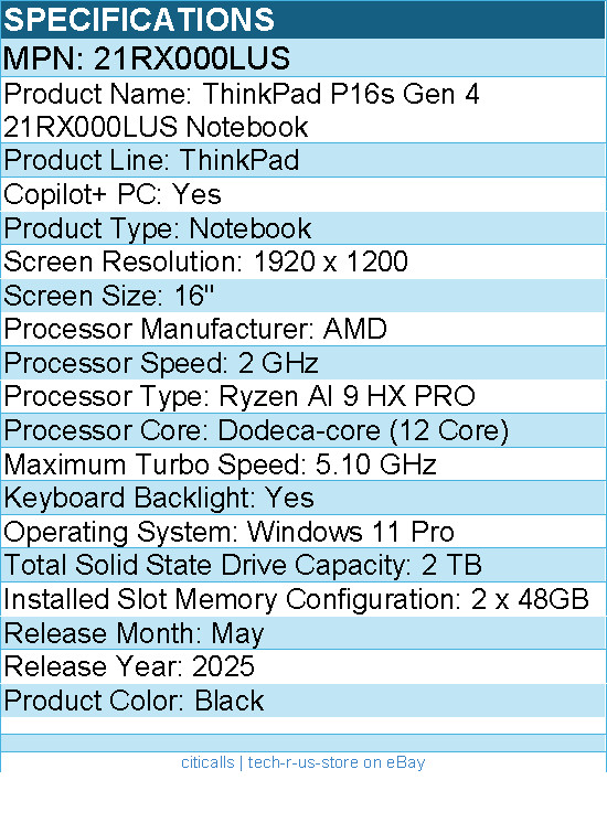 Lenovo 21RX000LUS ThinkPad P16s Gen 4 16″ Copilot+ PC Notebook – Black