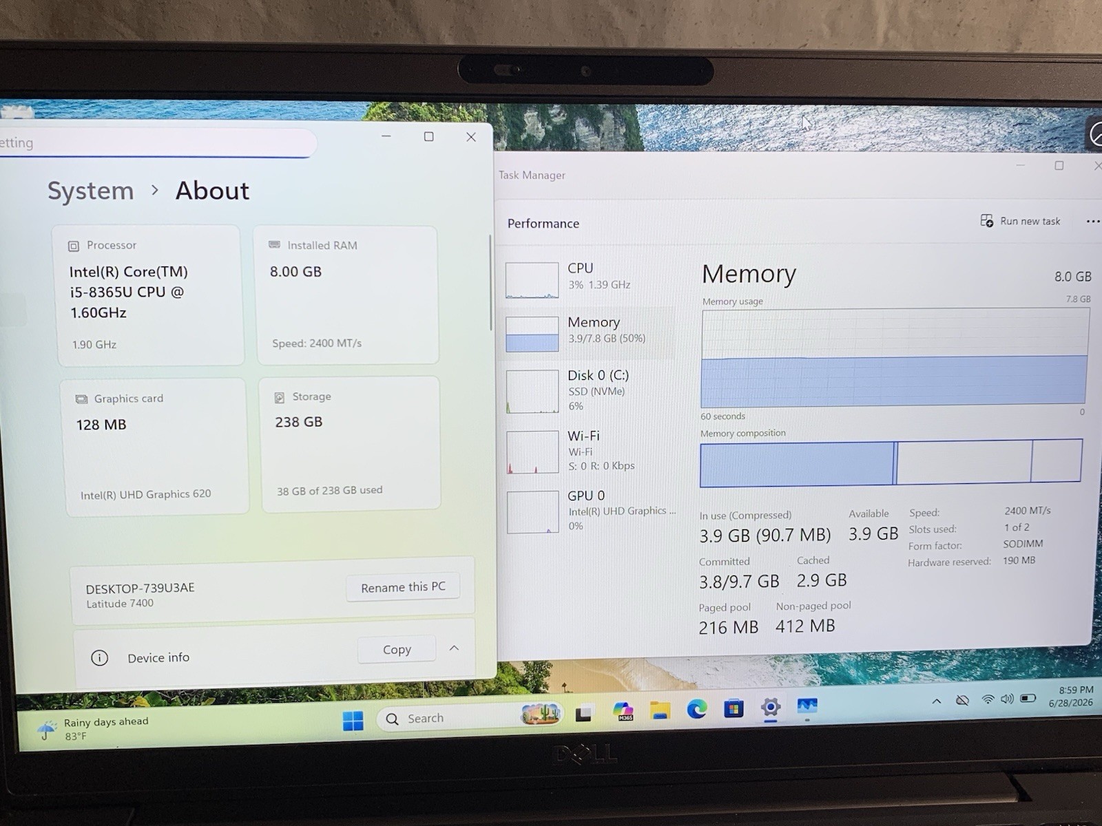 Dell Latitude 7400 i5-8365U 8GB 256GB SSD Win11 14in FHD Black