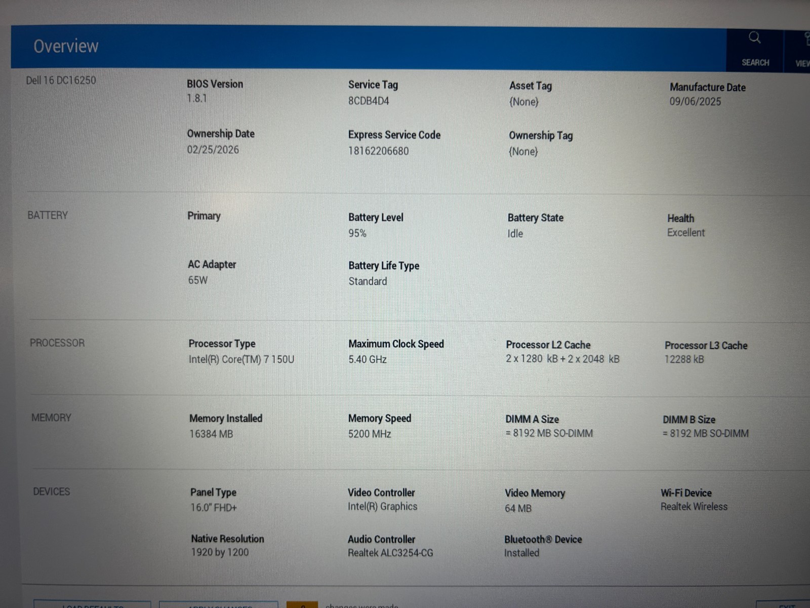 DELL 16 DC16250 MRYT3, Intel Core 7-150U, 1.80 GHz, 16 GB RAM, 1 TB NVMe