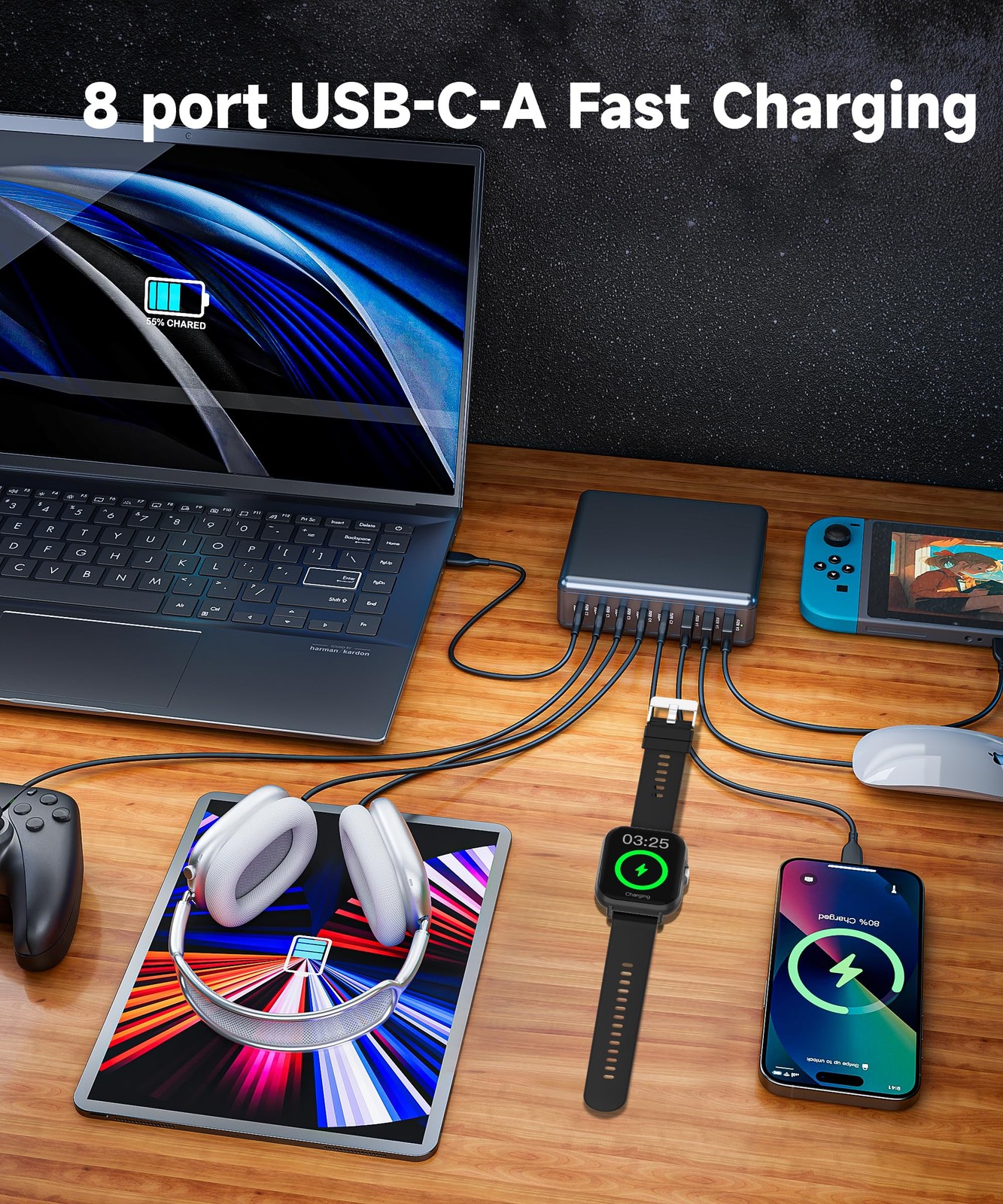 400W USB C Charger Block 8-Port GaN III Fast Charging Station + iWatch Wireless