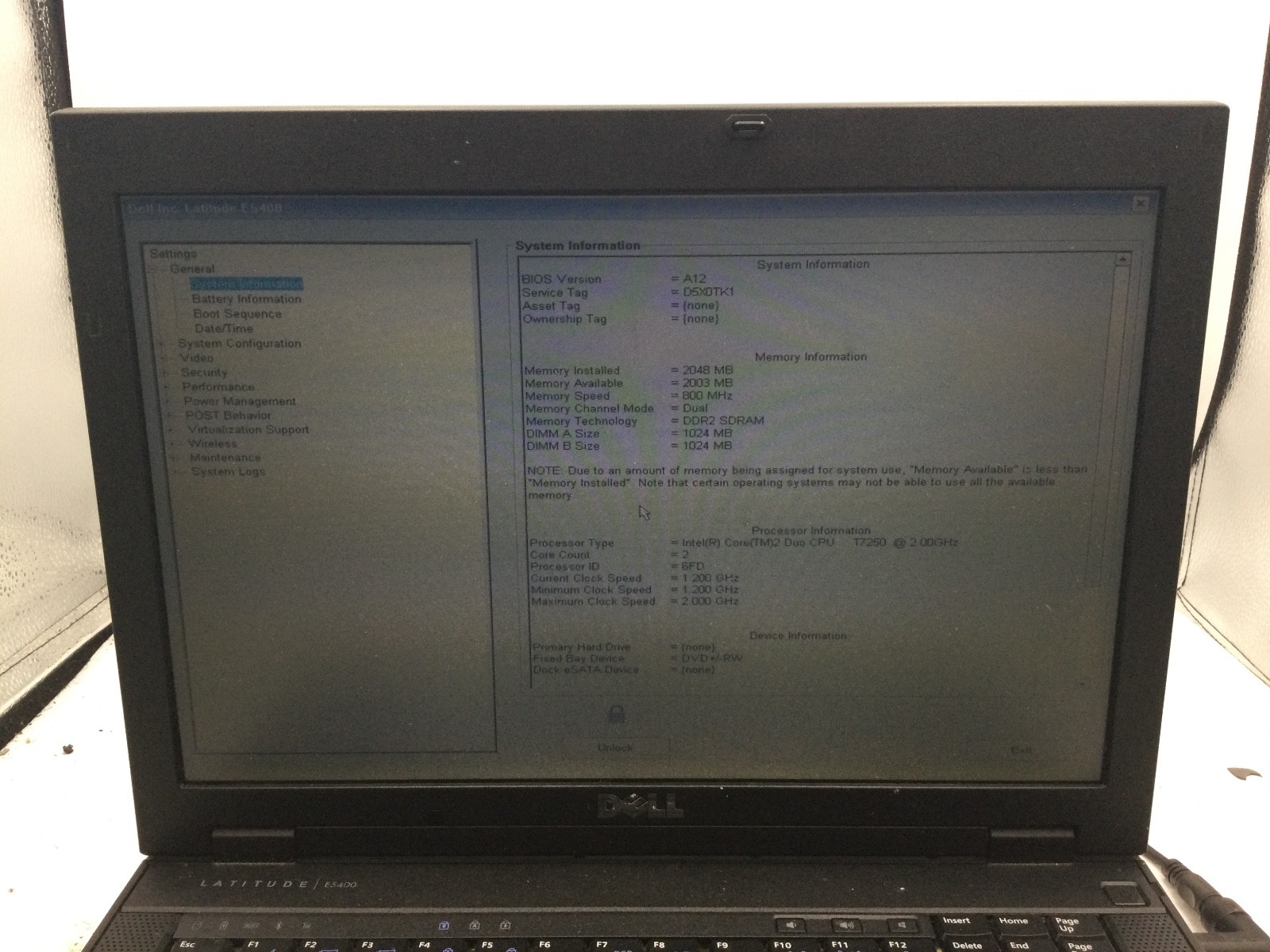 DELL LATITUDE E5400 – BOOTS TO BIOS/PW LOCKED – INTEL CORE 2 DUO – 14″ – READ-BB