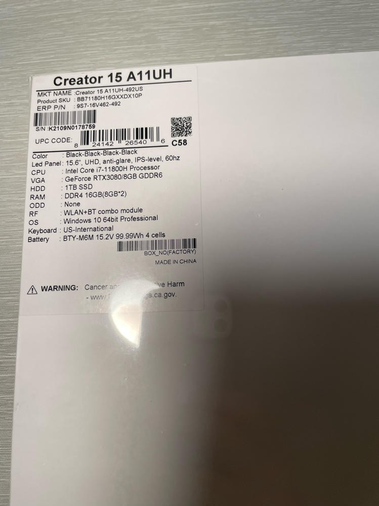 Msi Creator 15 A11UH-492, 15.6”screen, Intel Core i7, 16 GB, 1TB Solid Drive