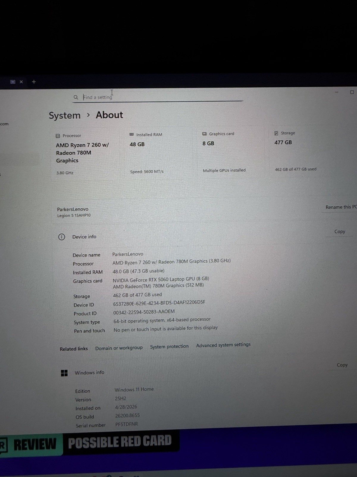 Lenovo Legion 5 15.6in 165hz Ryzen 7 260 48GB RAM 500GB SSD RTX 5060 Gaming