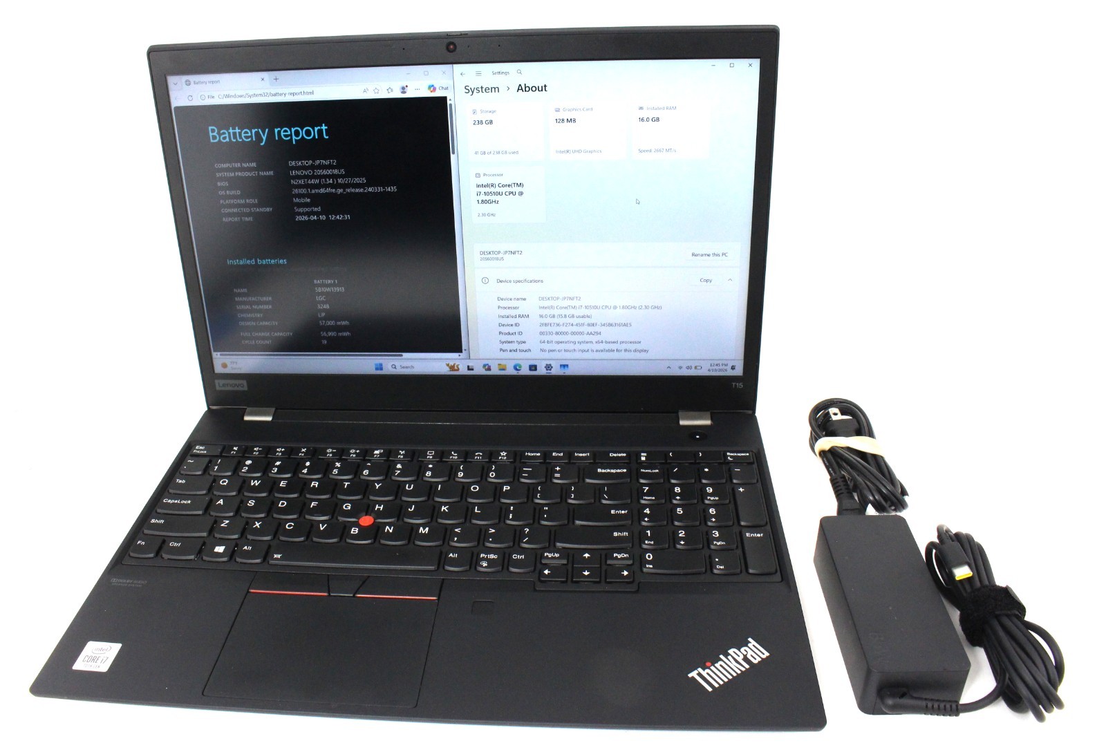 Lenovo Thinkpad T15 Gen 1 15″ 1.80 GHz i7-10510U 256GB SSD 16GB RAM ; 6176805