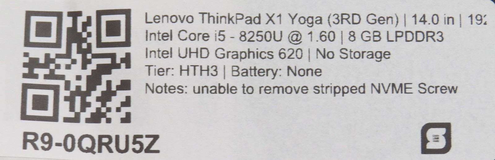 Lenovo ThinkPad X1 Yoga i5-8250U @ 1.6GHz 8GB DDR3 14″ No HDD/OS/AC/Battery