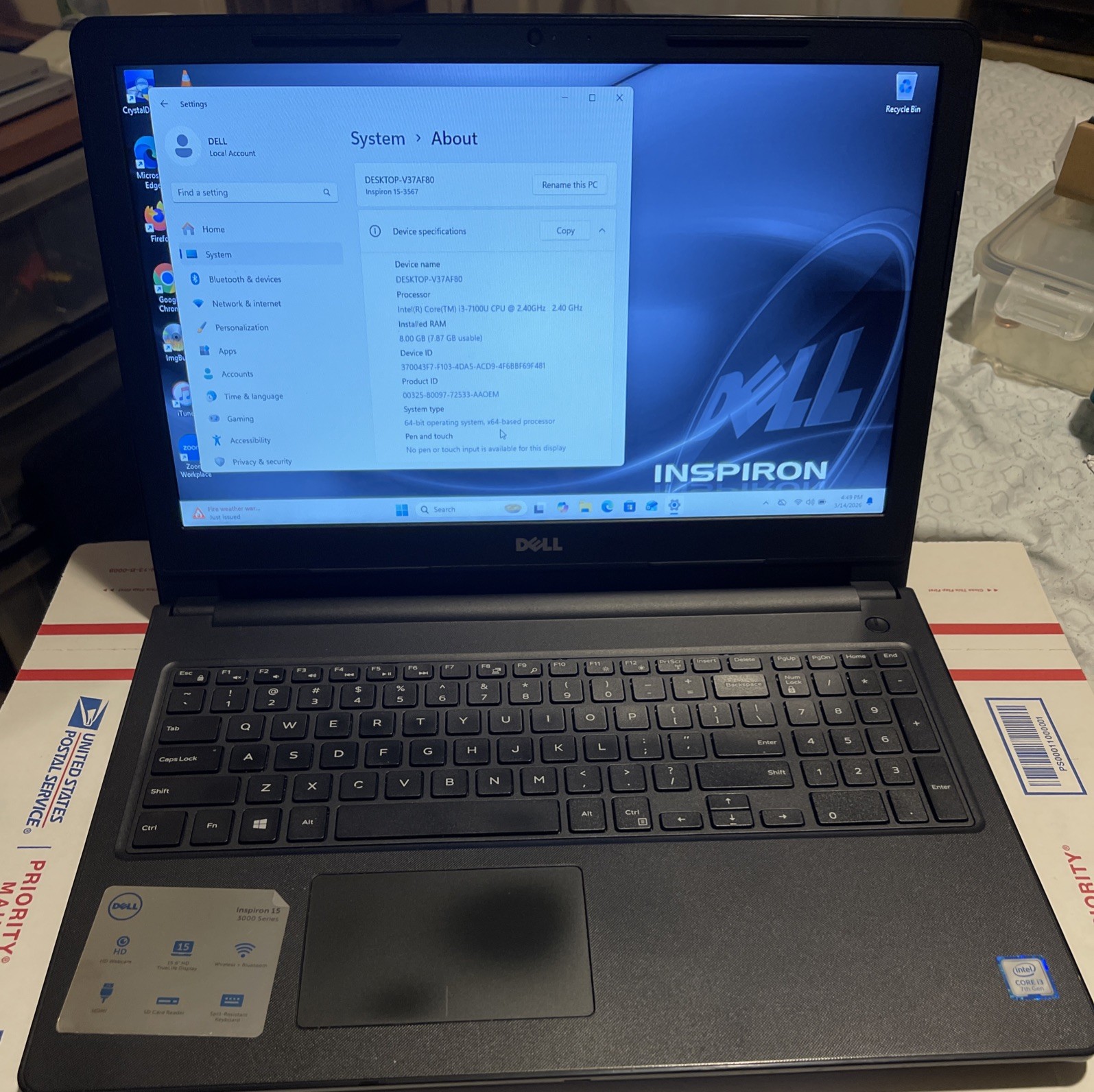Dell Inspiron 15 3567 Laptop i3-7100U 2.4GHz 8GB 1TB HD DVDRW Win 11 15.6″
