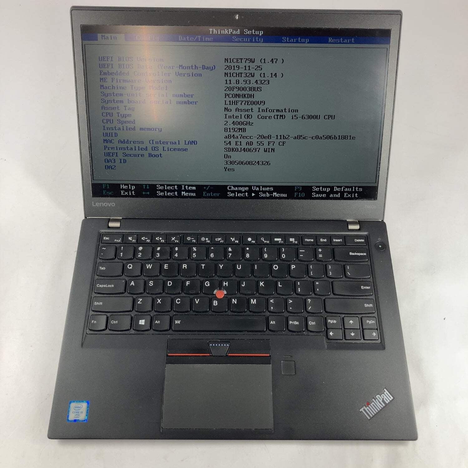 Lenovo ThinkPad T460s 14″ i56300U 2.4GHz 8GB RAM NO SSD NO OS
