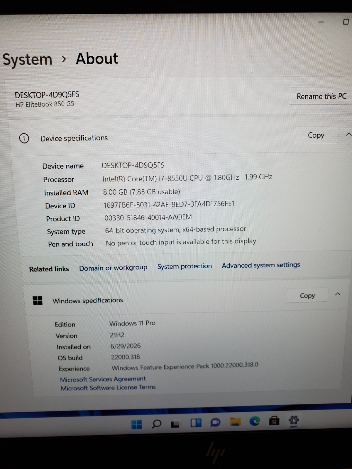 HP EliteBook 850 G5 15.6″ Laptop – Core i7-8650U 8GB RAM 256GB SSD Win11 #69