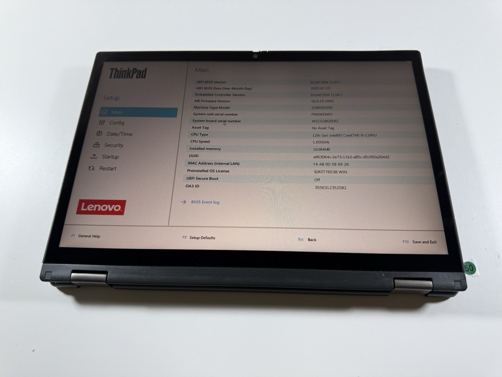 Lenovo ThinkPad L13 Yoga Gen 3 – i5-1245U 1.6GHz – 16Gb – NO SSD NO OS READ”