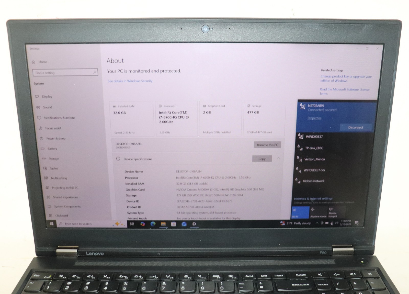 Lenovo ThinkPad P50|Intel core i7@2.60 GHz|32GB RAM|512GB SSD|WIN10.Prof|NVIDIA