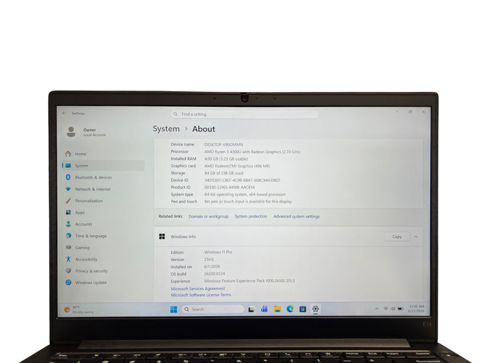 Lenovo ThinkPad E14 Gen2 AMD RYZEN 3 4300U 2.7GHz 4GB 256GB NVMe Win 11 Pro READ