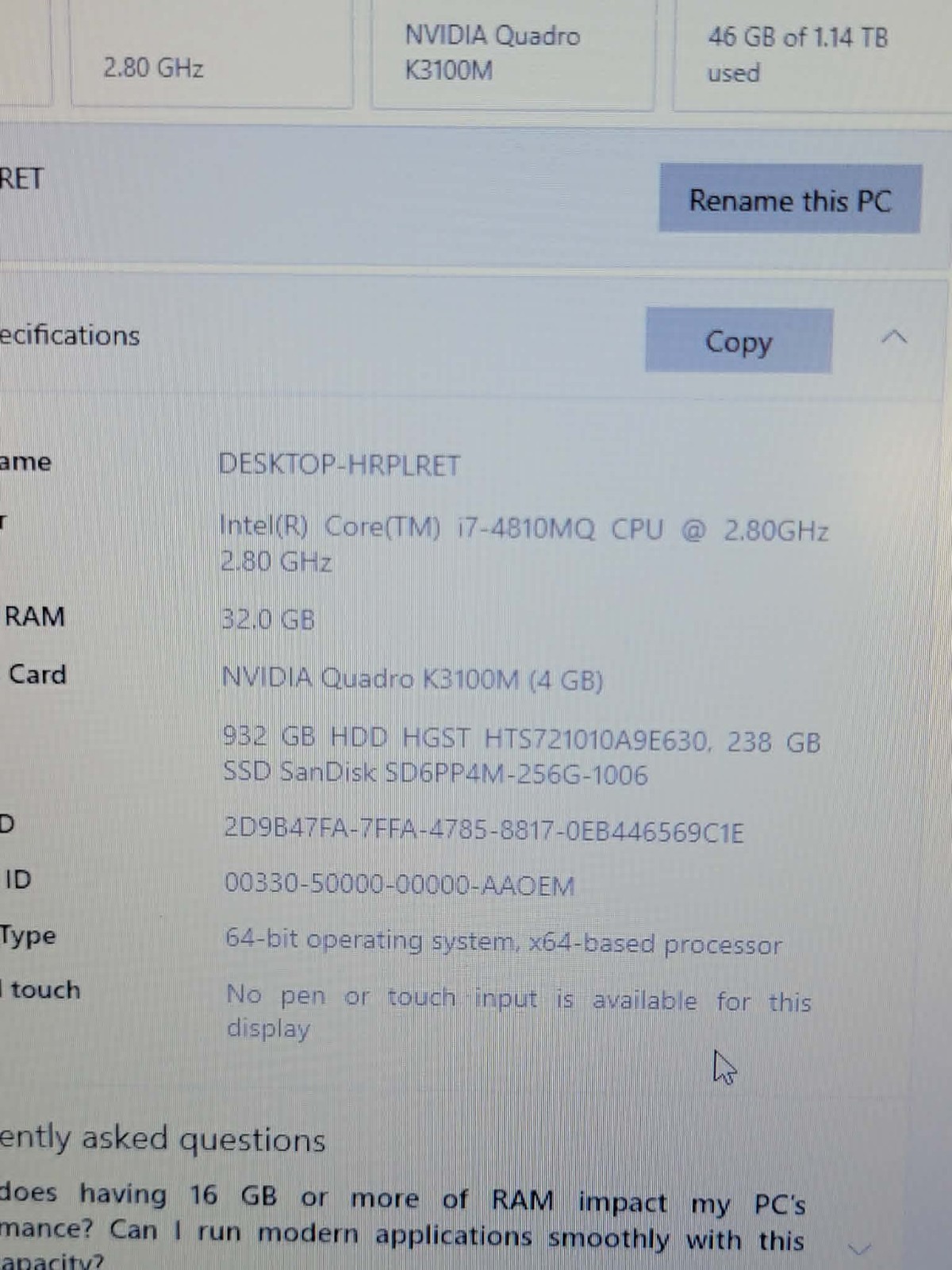HP ZBook 17″ G2 i-7 4810MQ 2.8GHz 32GB RAM K3100M 4GB 256GB SSD 1TB HDD W1