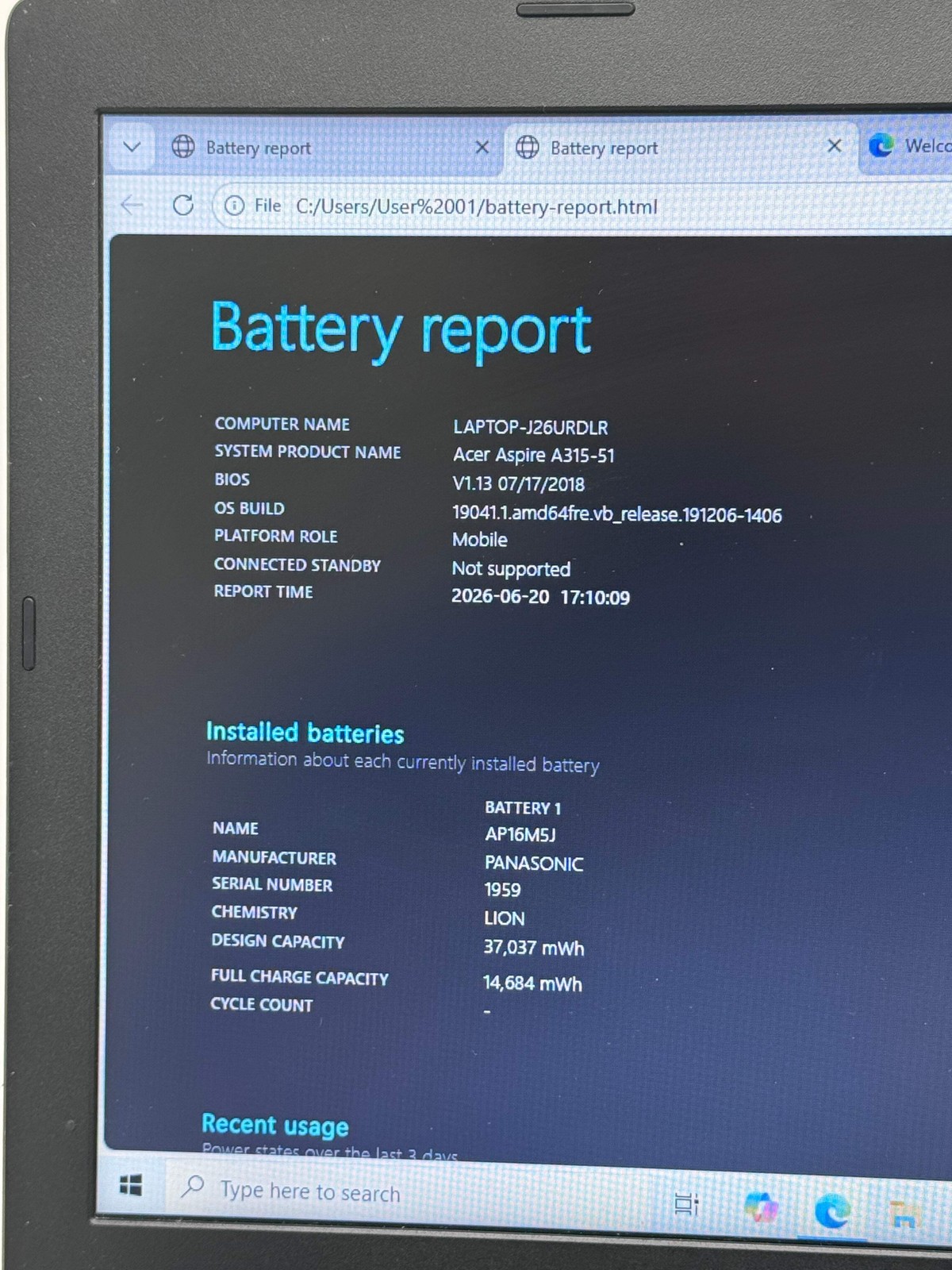 Acer Aspire 3 A315-51 Core i3 7th Gen 4GB RAM 1TB HDD 15.6″ Black For Parts