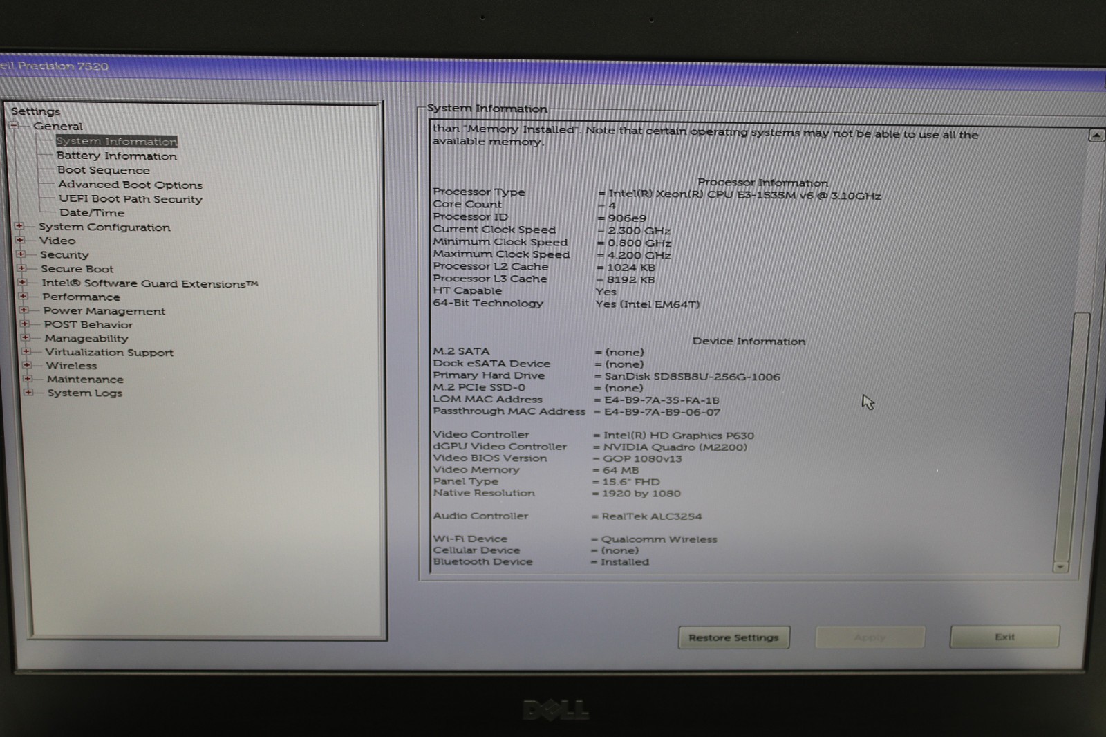 Dell Precision 7520 Xeon E3 @ 3.1 GHz 40GB RAM 256GB SSD NVIDIA M2200 No OS