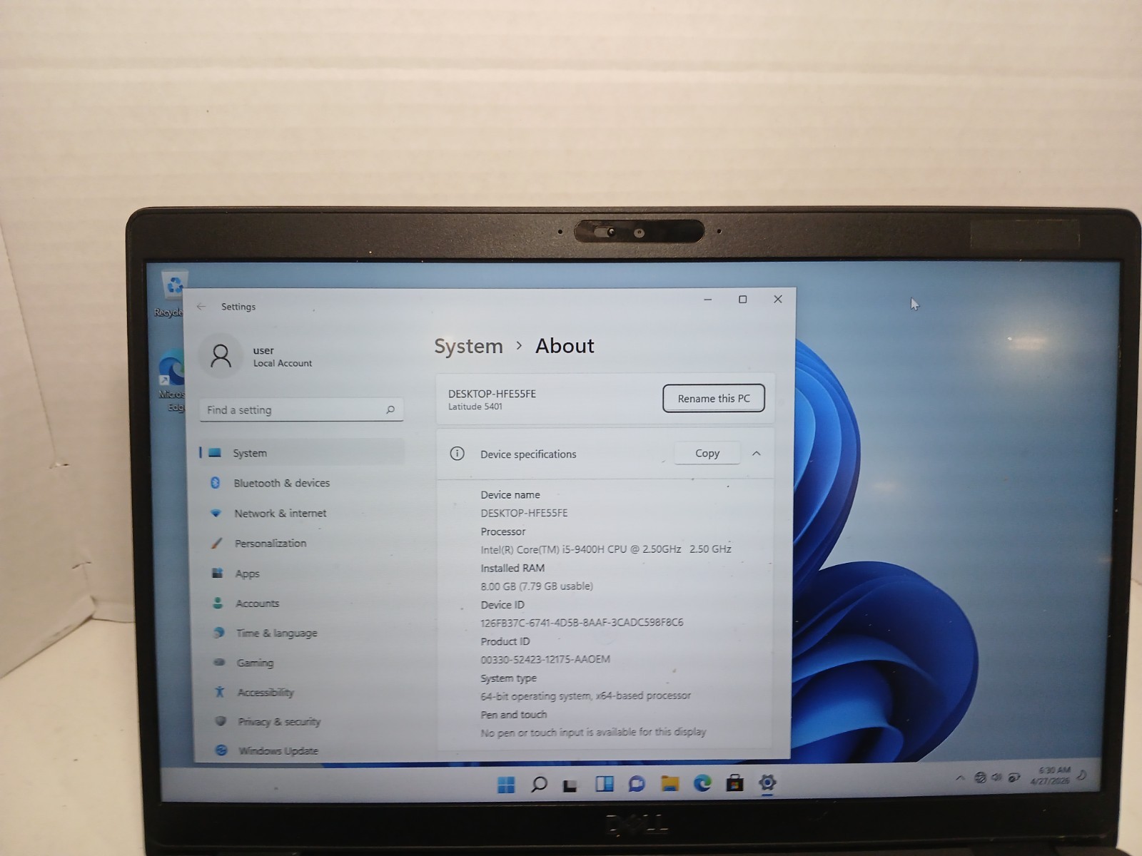 Dell Latitude 5401 Laptop i5-9400H 2.5GHz 8GB RAM 128GB SSD Win11 #97