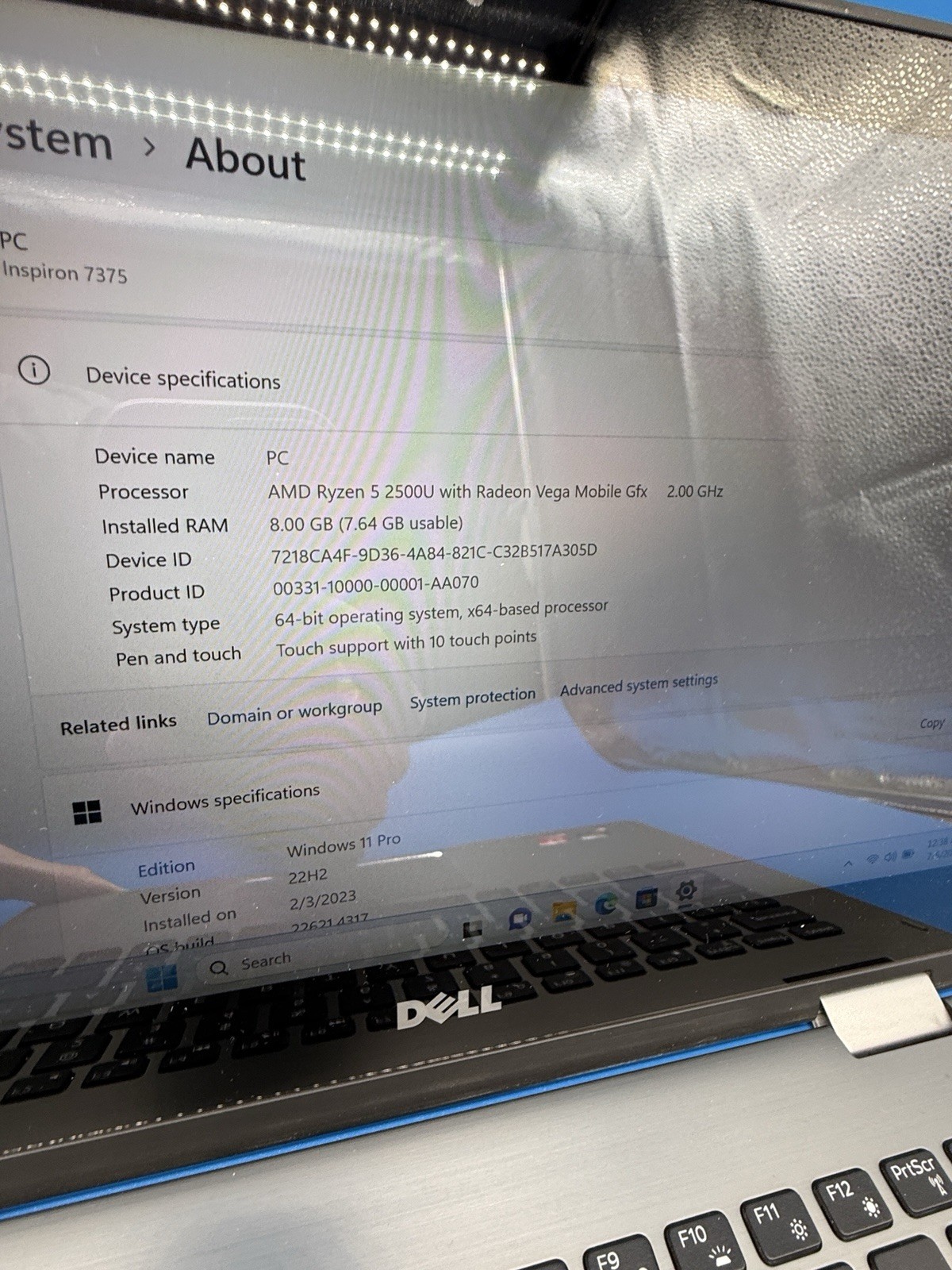 Dell Inspiron 7375 13.3” 2-in-1 Touch Ryzen 5 8GB 256GB SSD Win 11 Pro