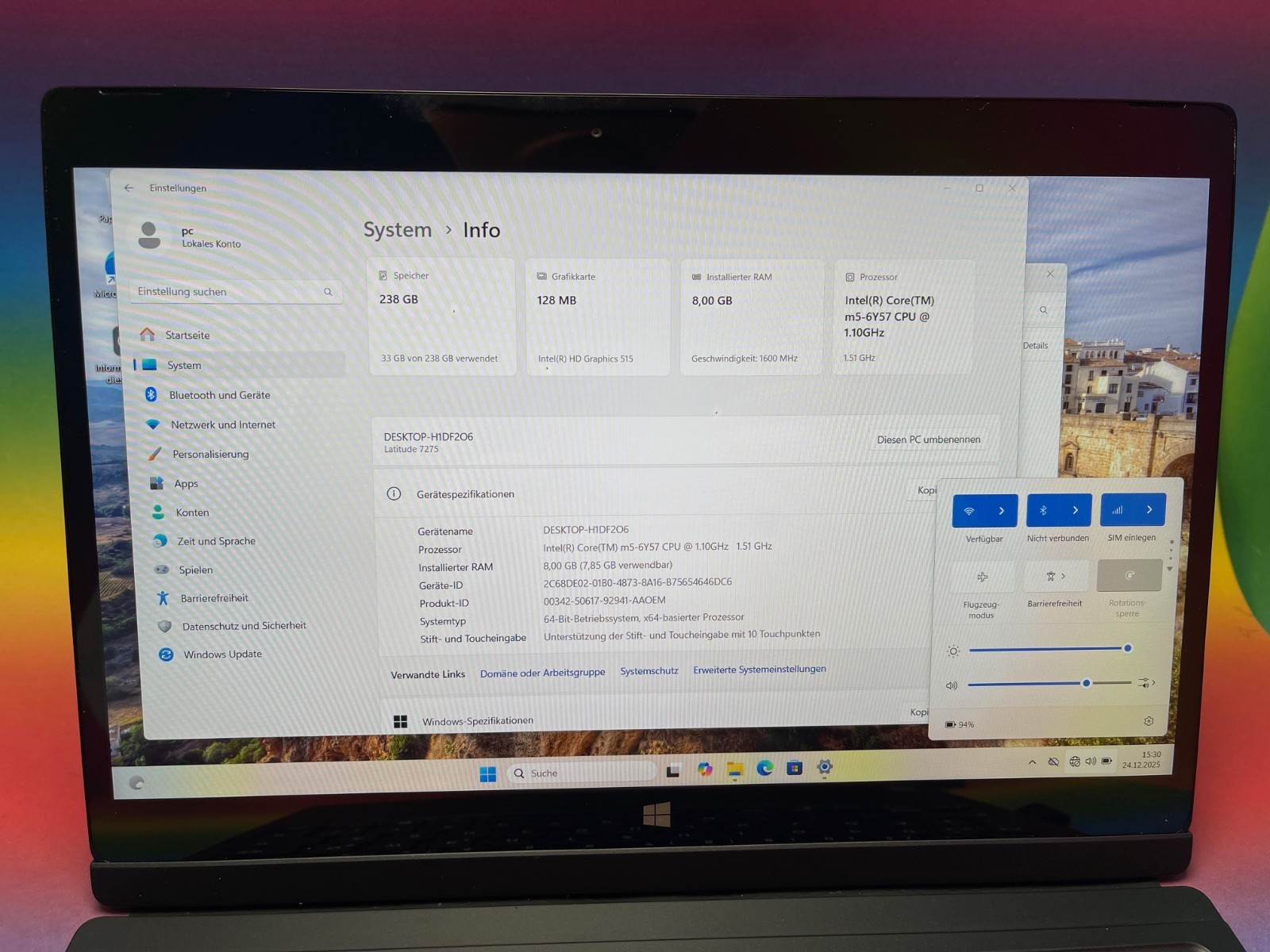 Dell Latitude 7275 Tablet Laptop 12.5m5-6Y57 8GB 256GB DE WIN 11 Pro LTE