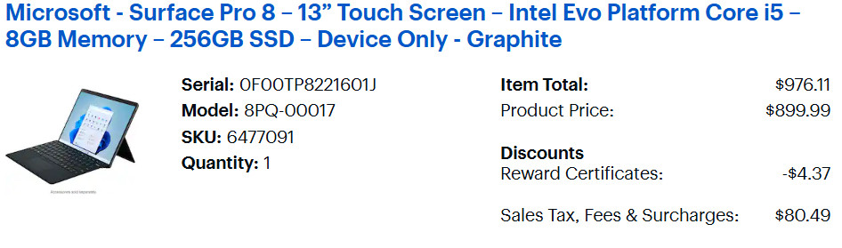 Microsoft Surface Pro 8 13″, Intel i5, 8GB, 256GB, Case, Two cords, 8PQ-00017