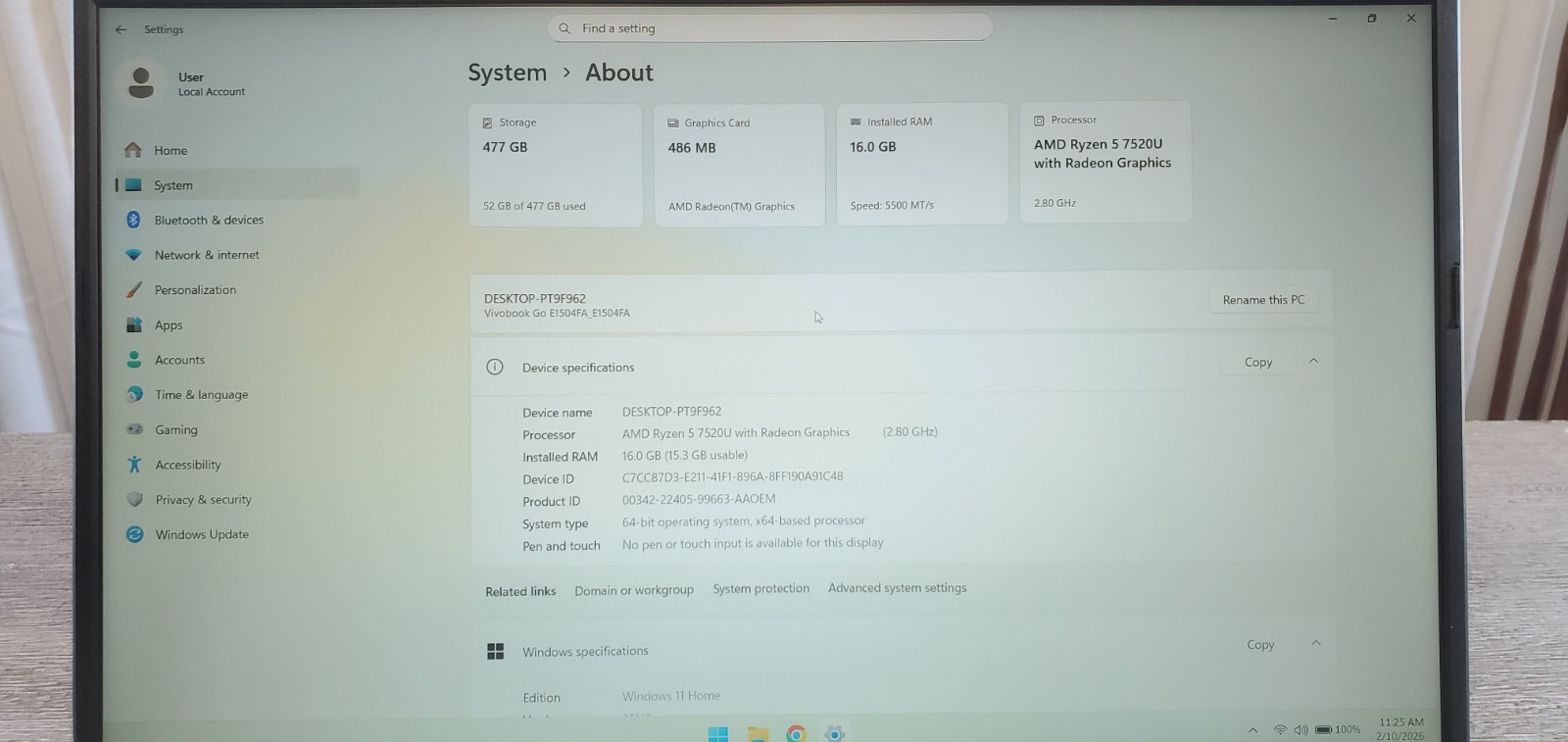 ASUS Vivobook Go E15 Ryzen 5 7520U 16GB RAM 512GB SSD 15″ Laptop