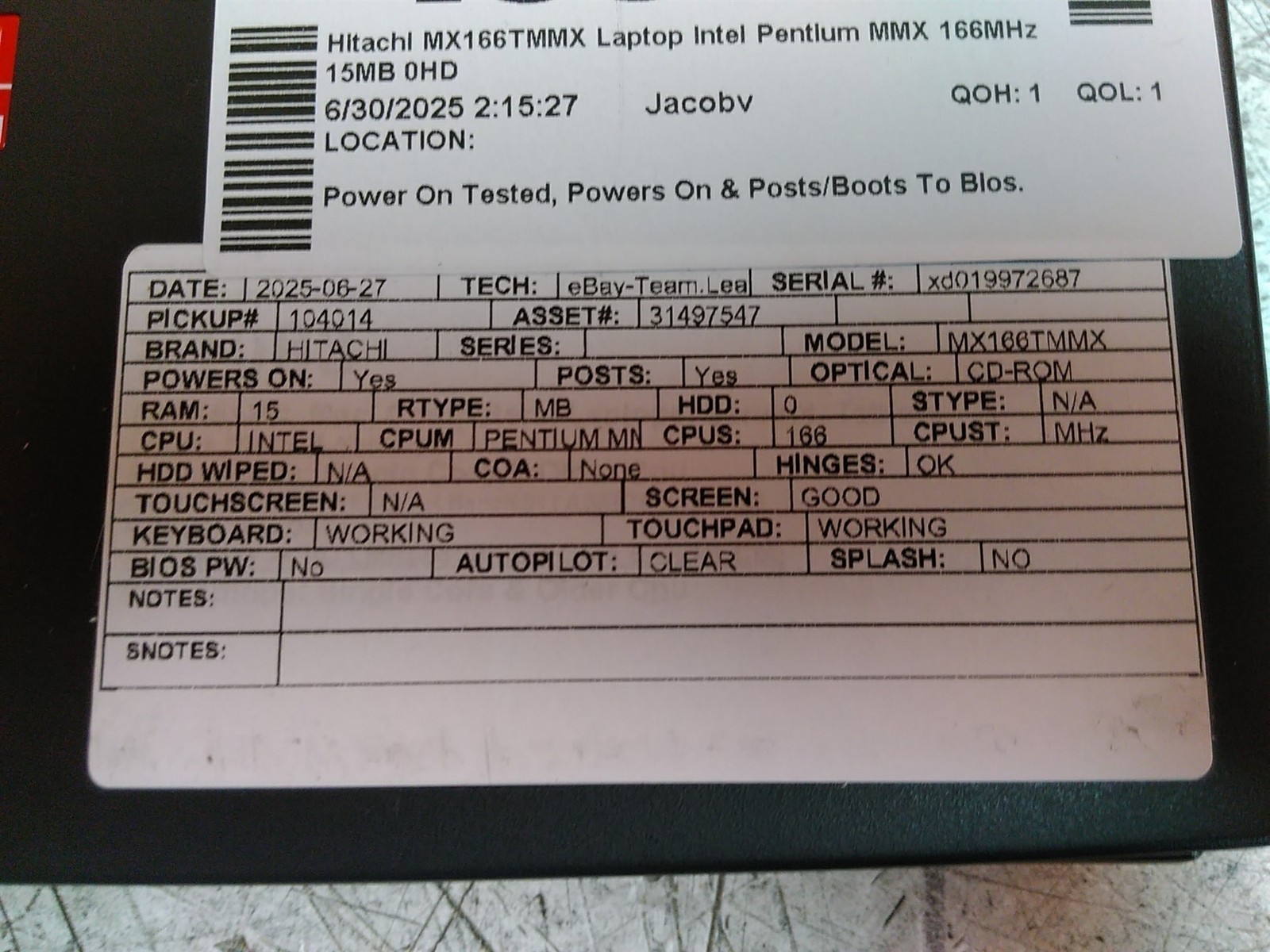 Hitachi Mx Series Mx166TMMX Laptop Intel Pentium MMX 166MHz 16MB 0HD
