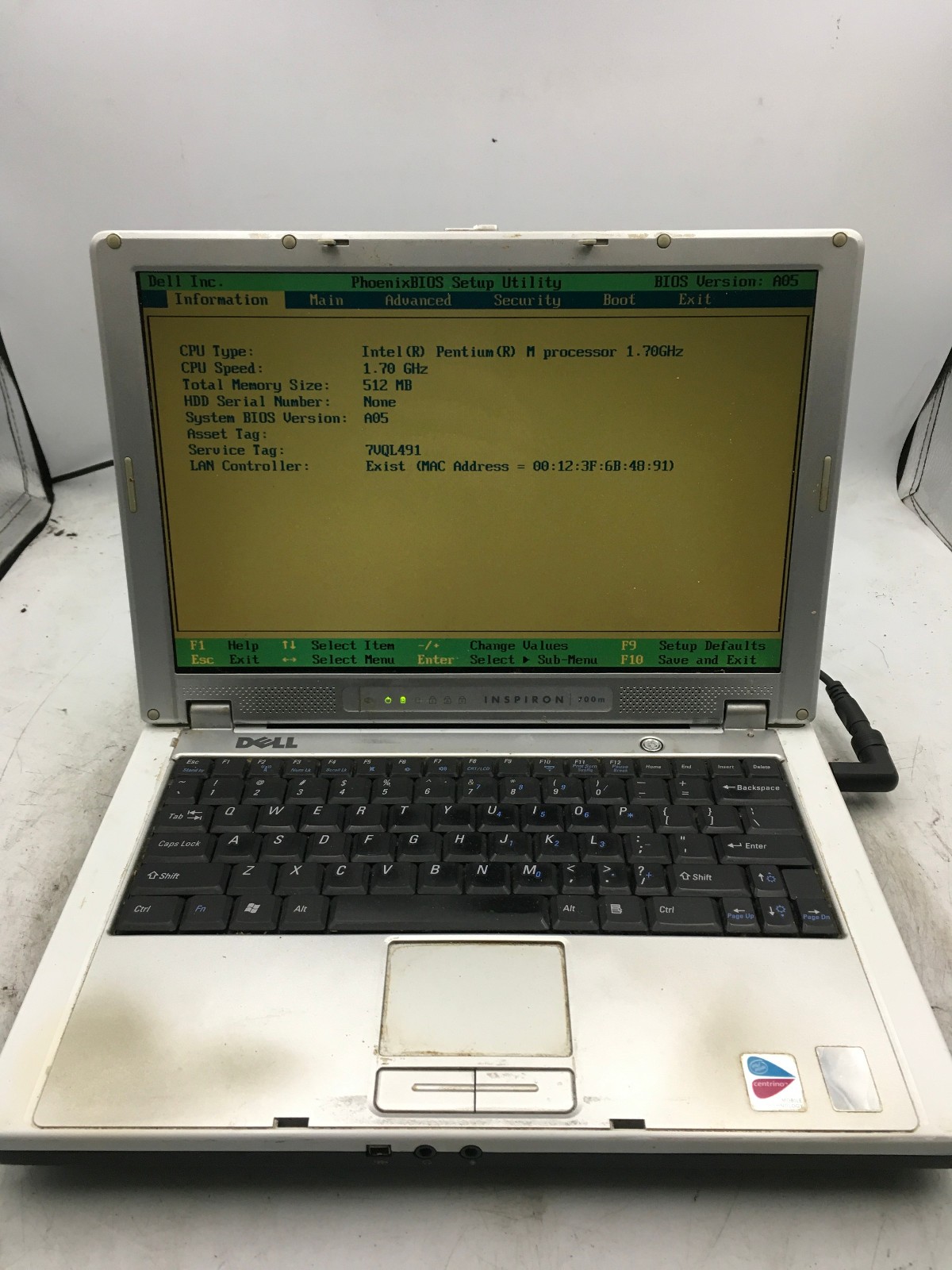 DELL INSPIRON 700M – BOOTS TO BIOS – INTEL PENTIUM M – 512MB – 12″ -READ DESC-BB