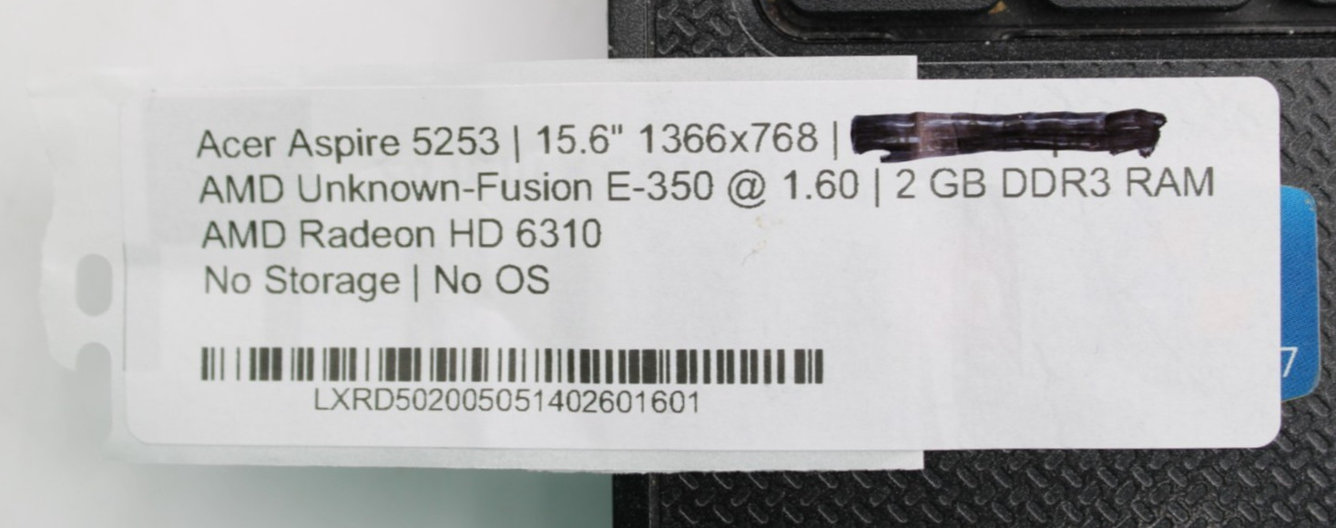 Acer Aspire 5253 AMD Fusion E-350@1.6GHz 2GB DDR3 NO STORAGE/OS *USED/TESTED*