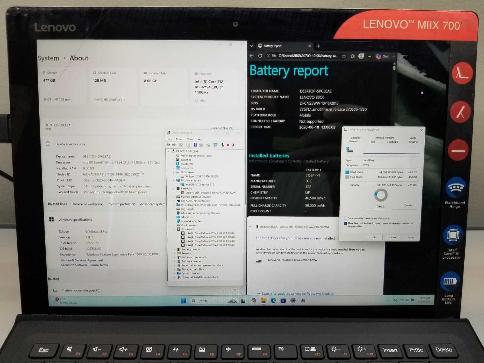 AS-IS Lenovo IdeaPad MIIX 700 12″ Intel m5-6Y54 1.1GHz 8GB RAM 512GB M.2 W11Pro