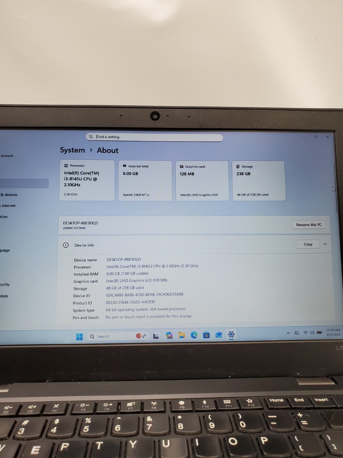 Lenovo ThinkPad L390 13.3″ Core i3-8145U @ 2.10GHz 8GB RAM 256GB SDD Win 11 Pro