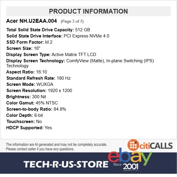 Acer NH.U2EAA.004 Nitro V 16 Gaming Laptop 16″ 180Hz Core 7 240H 32GB 512G RTX