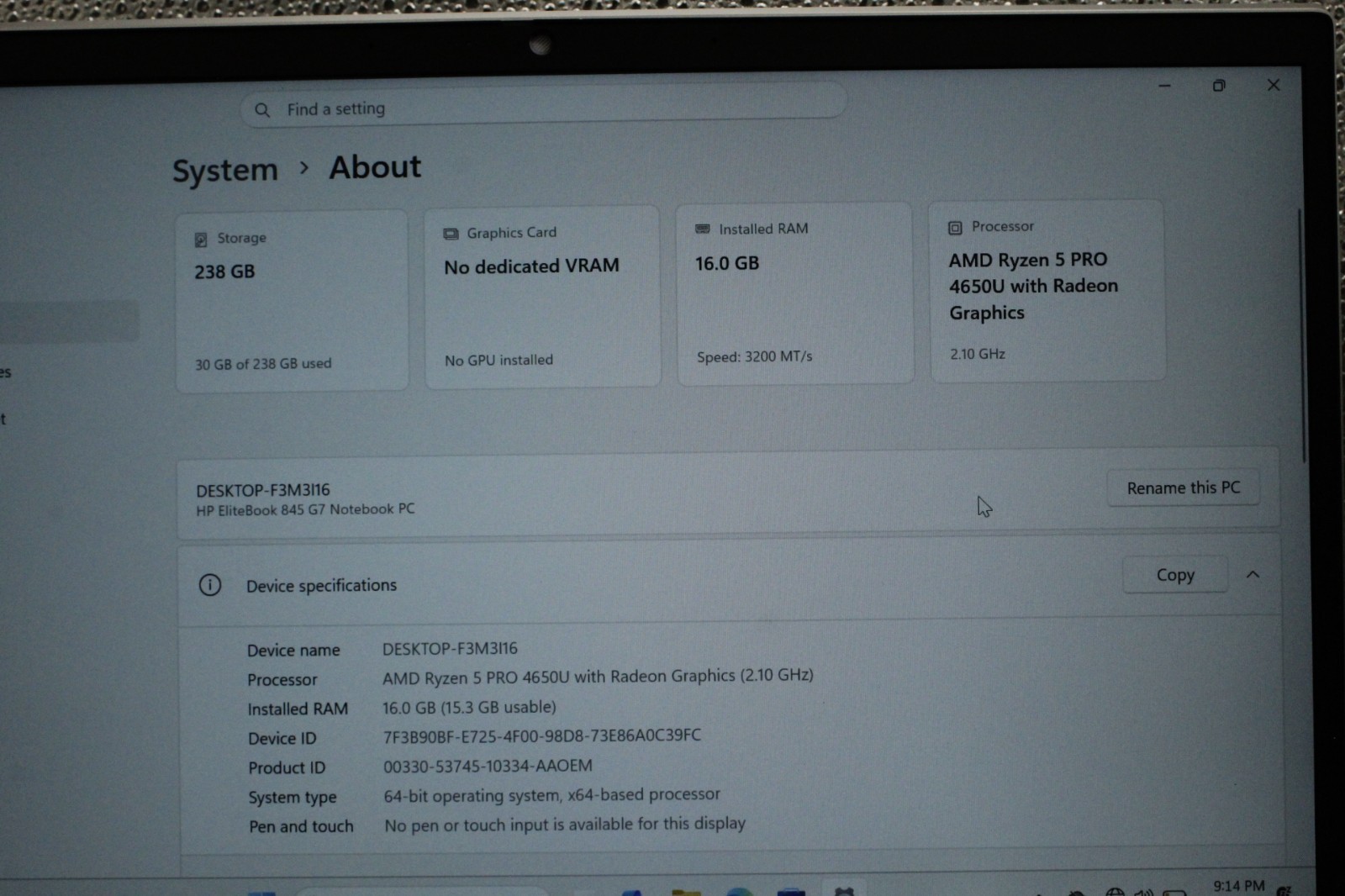 HP ELITEBOOK 845 G7 AMD RYZEN 5 PRO 4650U 16GB Ram 240GB SSD FHD Win11 Pro
