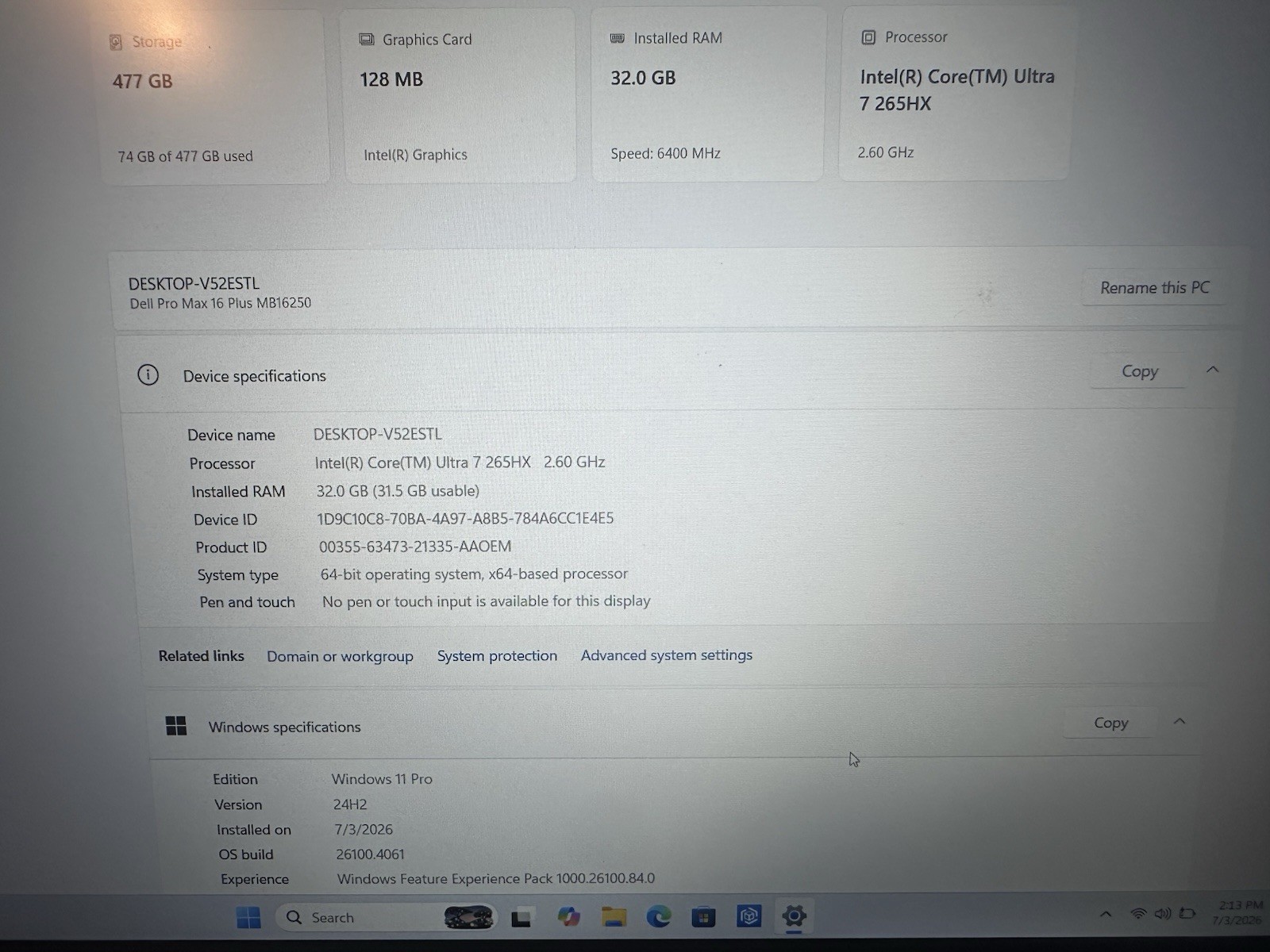 Dell Pro Max 16 Plus MB16250 FHD+ 2.7 GHz Ultra 7 265HX 16GB 512gb SSD