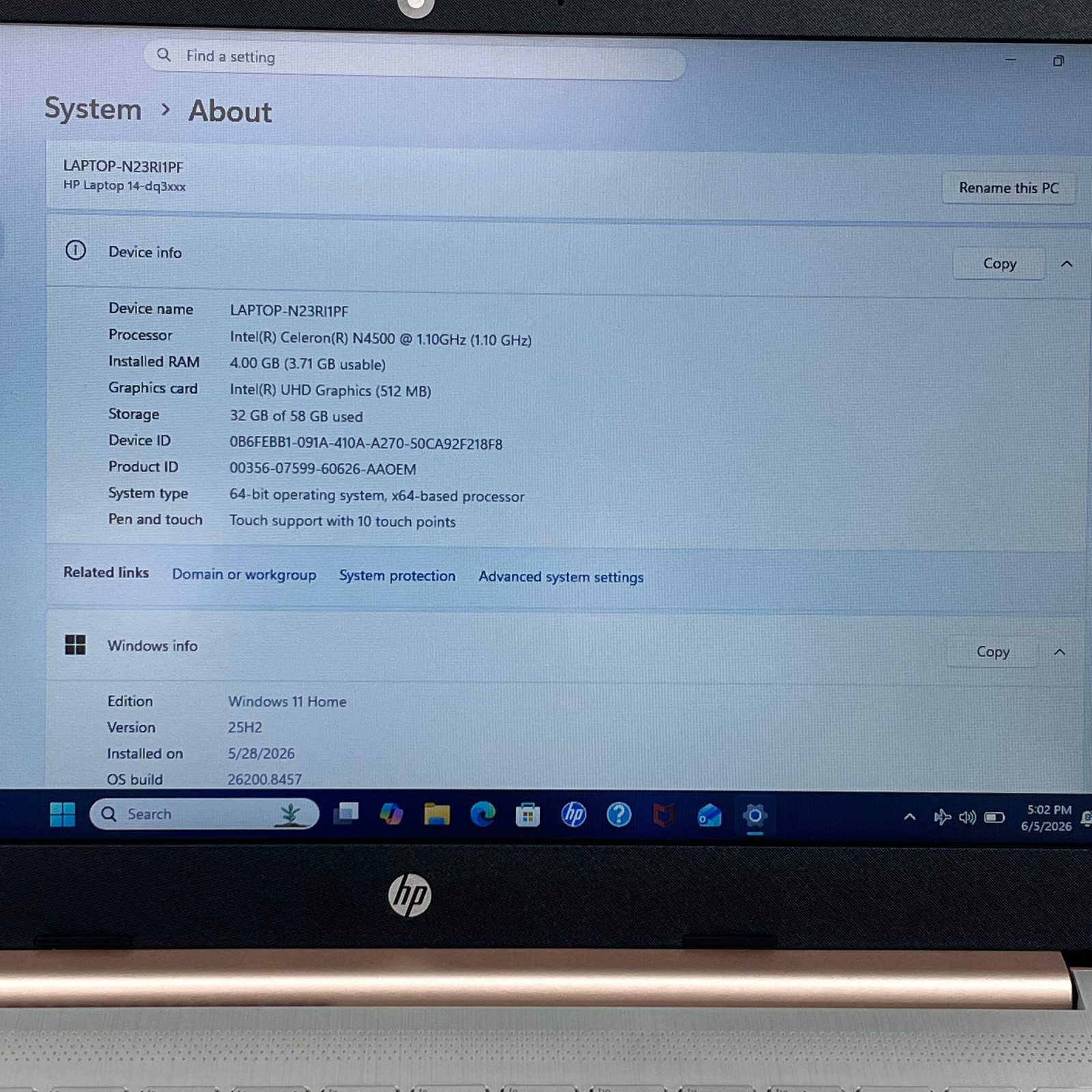 HP Laptop 14-DQ3280NR 14″ Celeron N4500 1.1GHz 4GB RAM 64GB SSD
